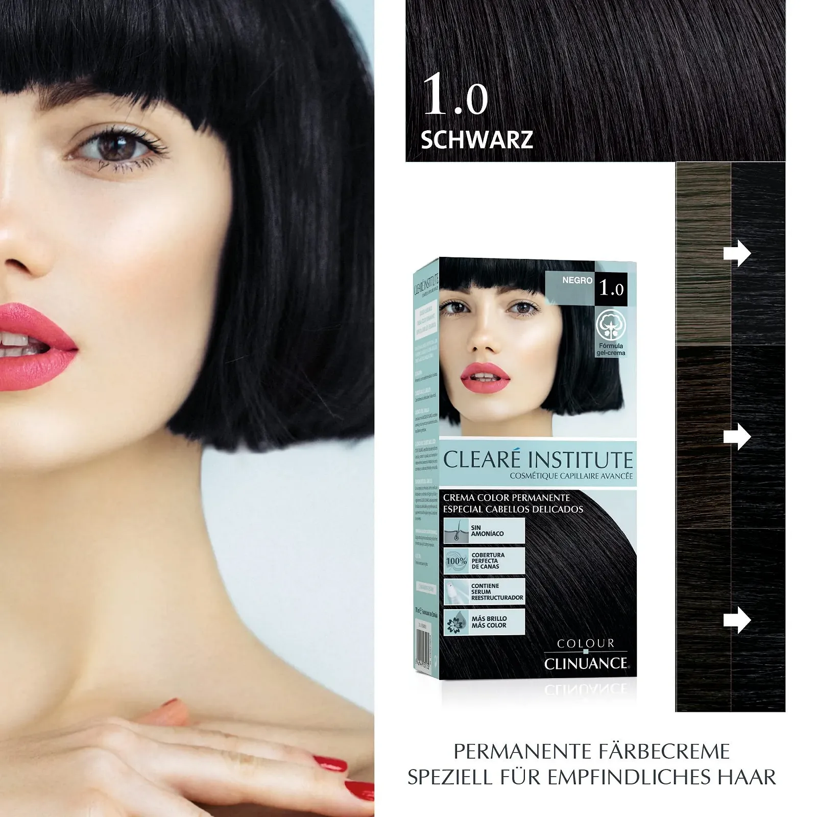 Фарба для волосся Clinuance для чутливої шкіри голови, перманентна, без аміаку, 1.0 Чорний (2 упаковки), фото №1