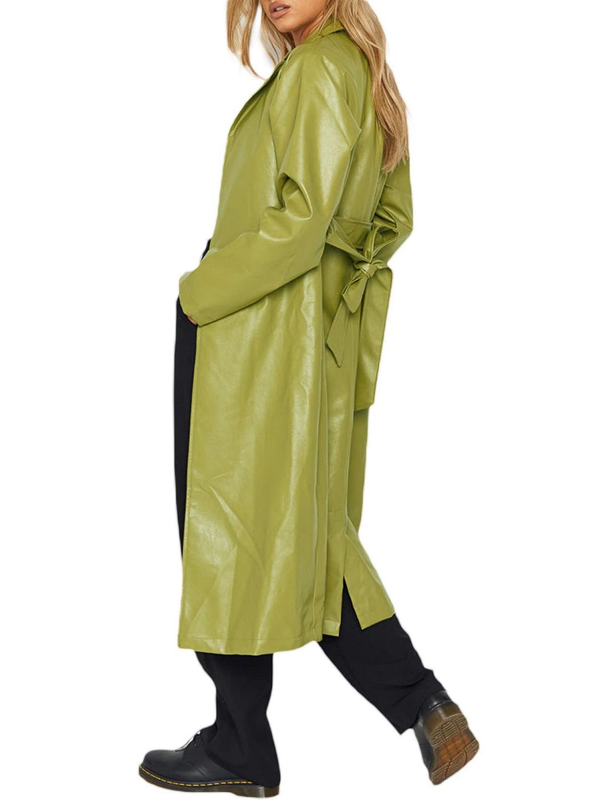 Жіноче повсякденне PU штучне шкіряне довге пальто-тренч вітрозахисне з поясом однотонне з лацканами, фото №7