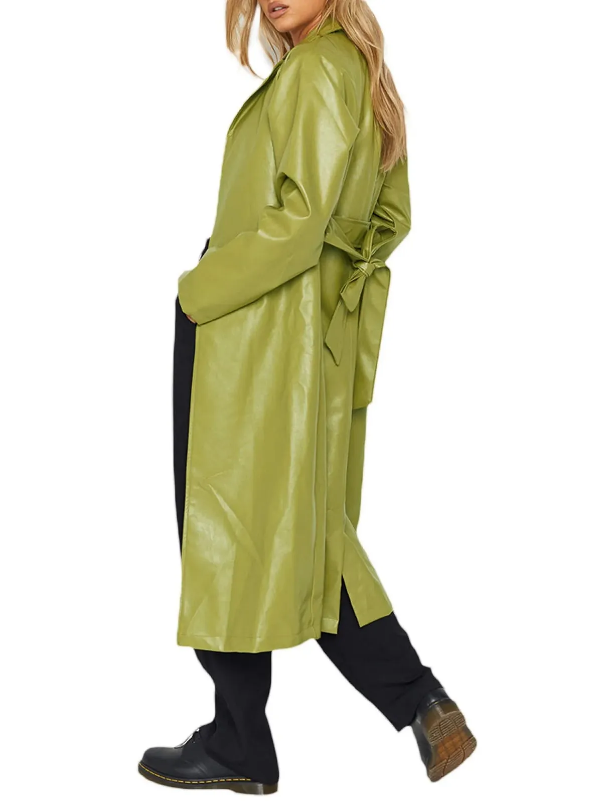Жіноче повсякденне PU штучне шкіряне довге пальто-тренч вітрозахисне з поясом однотонне з лацканами, фото №7