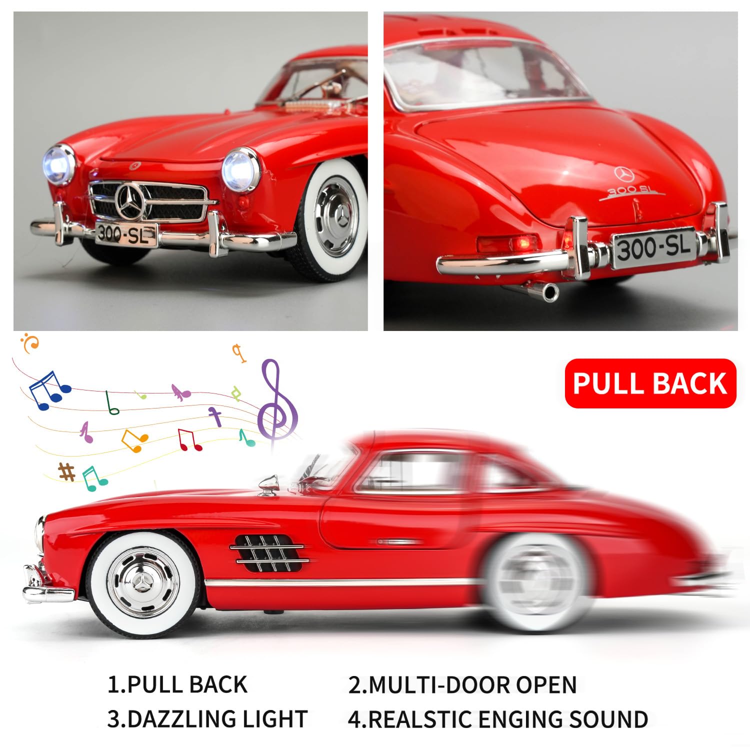 Автомобиль TGRCM-CZ Classic Cars 300 SL Игрушка Pull Back Zinc Alloy со звуком и светом Красный, фото №3
