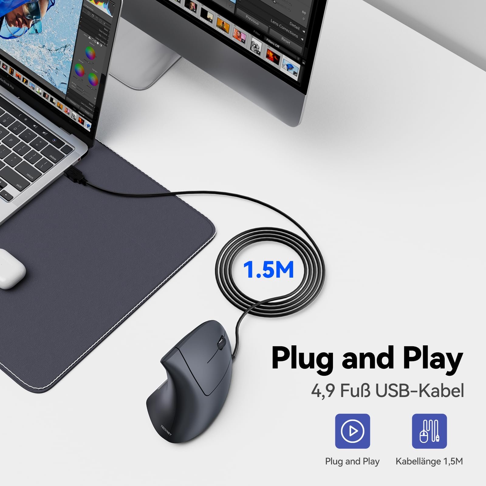 Мышь TECKNET вертикальная оптическая эргономичная 6400 DPI 6 кнопок LED подсветка USB кабель серый, фото №6