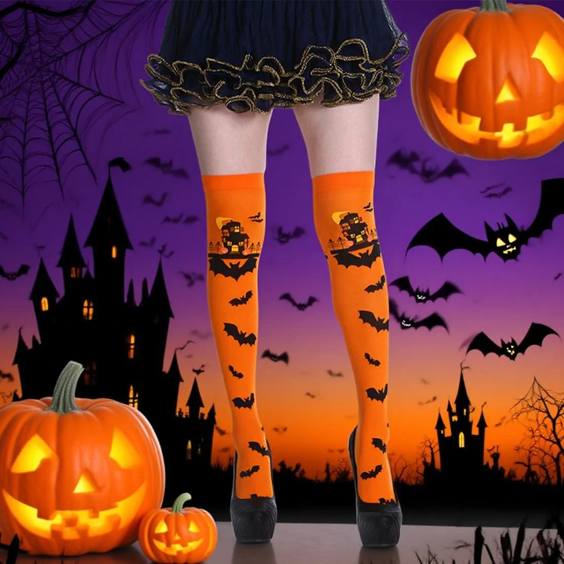 Женские гольфы Bat Pattern, 1 пара, шелковистые, из нейлона, оранжевые, фото №4