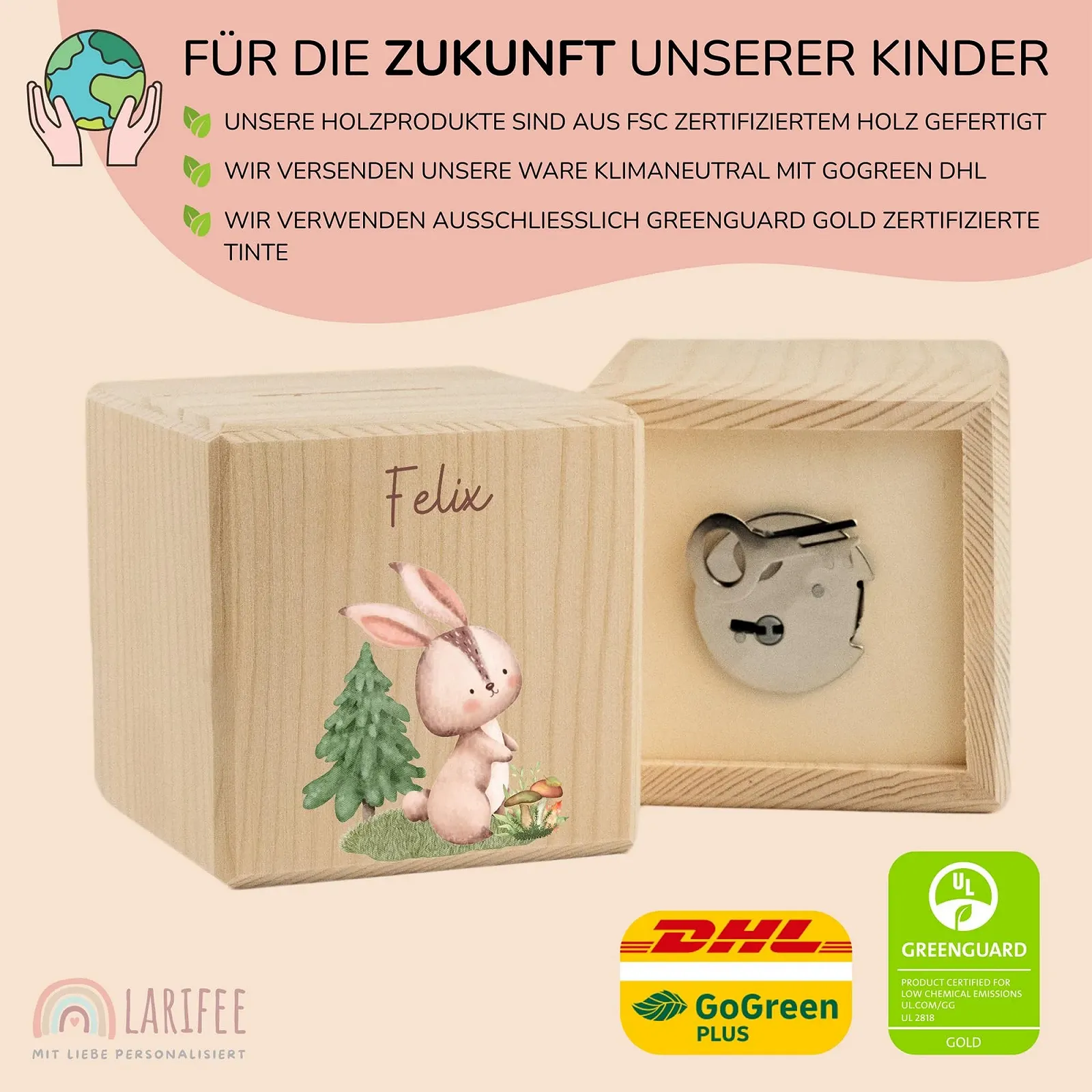 Копилка LARIFEE Rabbit деревянная кубическая с замком и ключом, фото №3