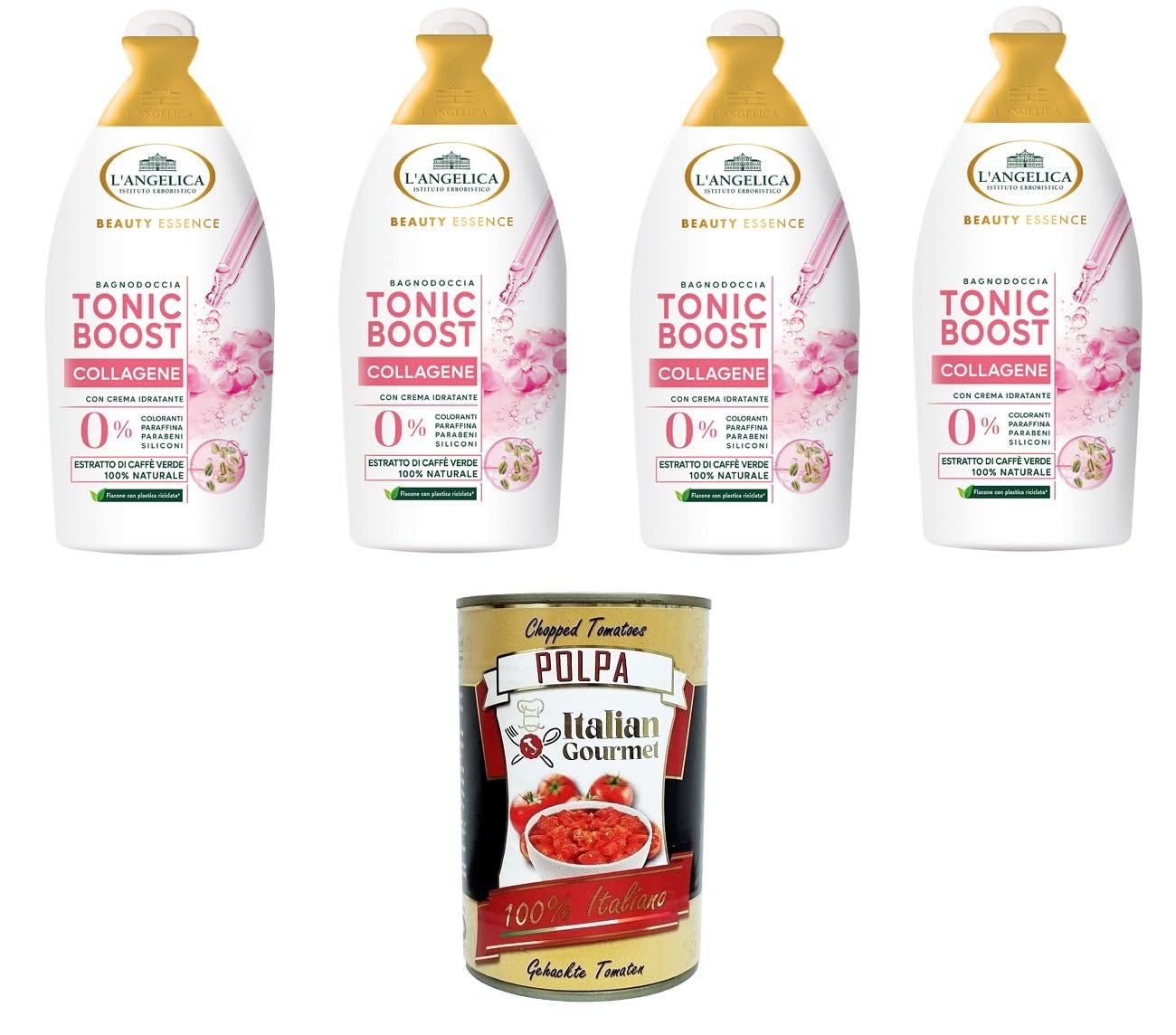 Засіб для миття тіла L'Angelica Beauty Essence Tonic Boost Collagen з екстрактом зеленої кави 4 x 520 мл + Italian Gourmet Polpa 400 г, фото №1