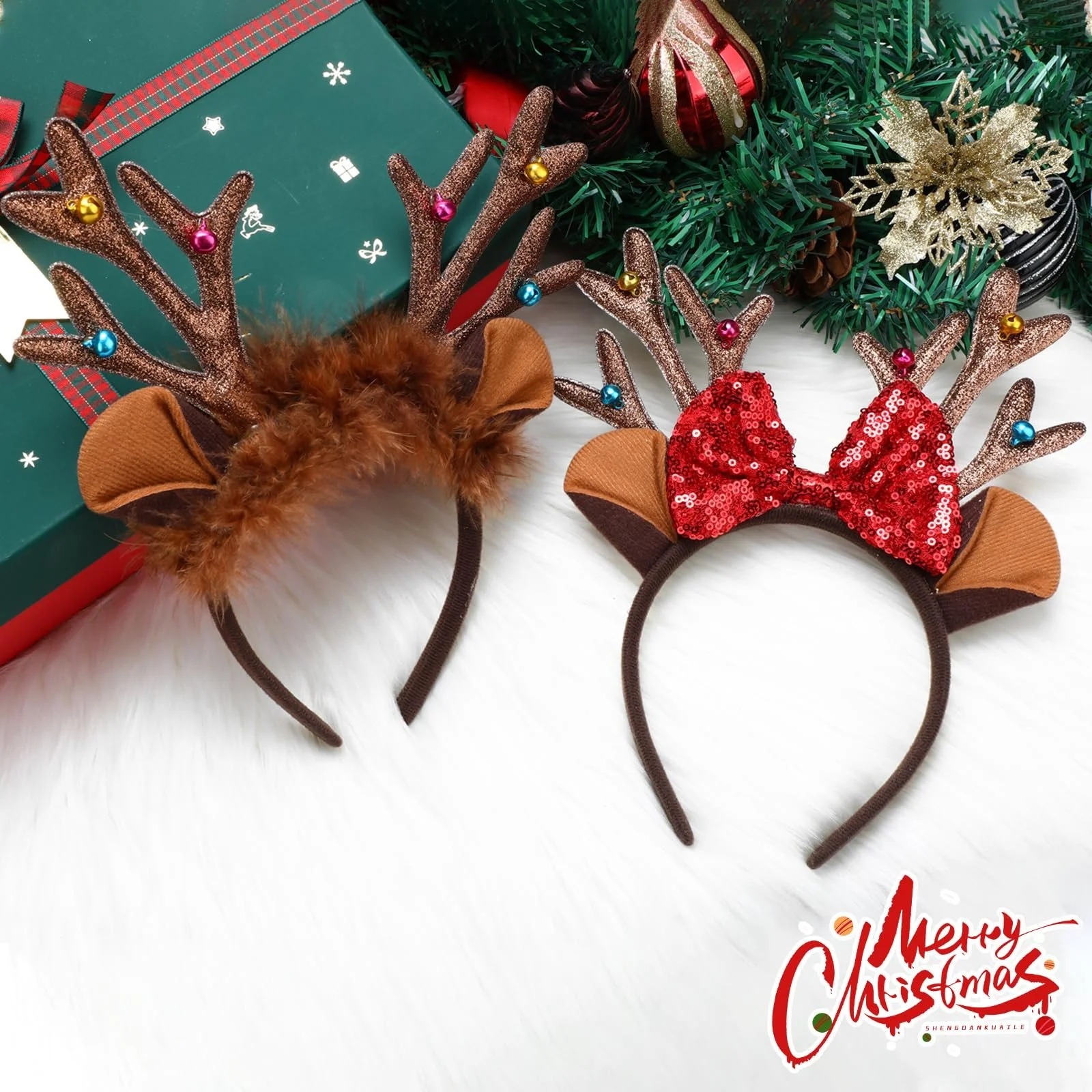 Різдвяний обруч з блискітками з вушками та рогами, фото №7