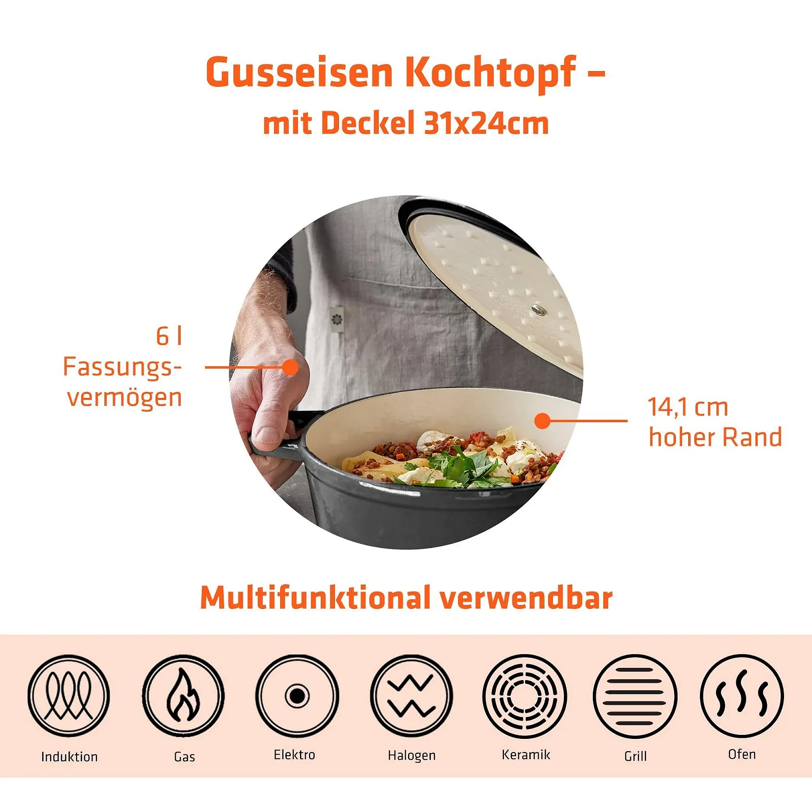 Жаровня Berndes B.iron 6L 31 x 24 cm з кришкою чавунна емальована, фото №4