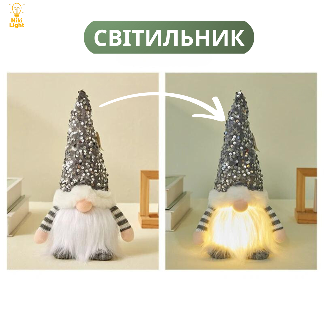 Новогодний гном с подсветкой новогодняя фигурка под елку 30см светильник на батарейках серый, фото №3