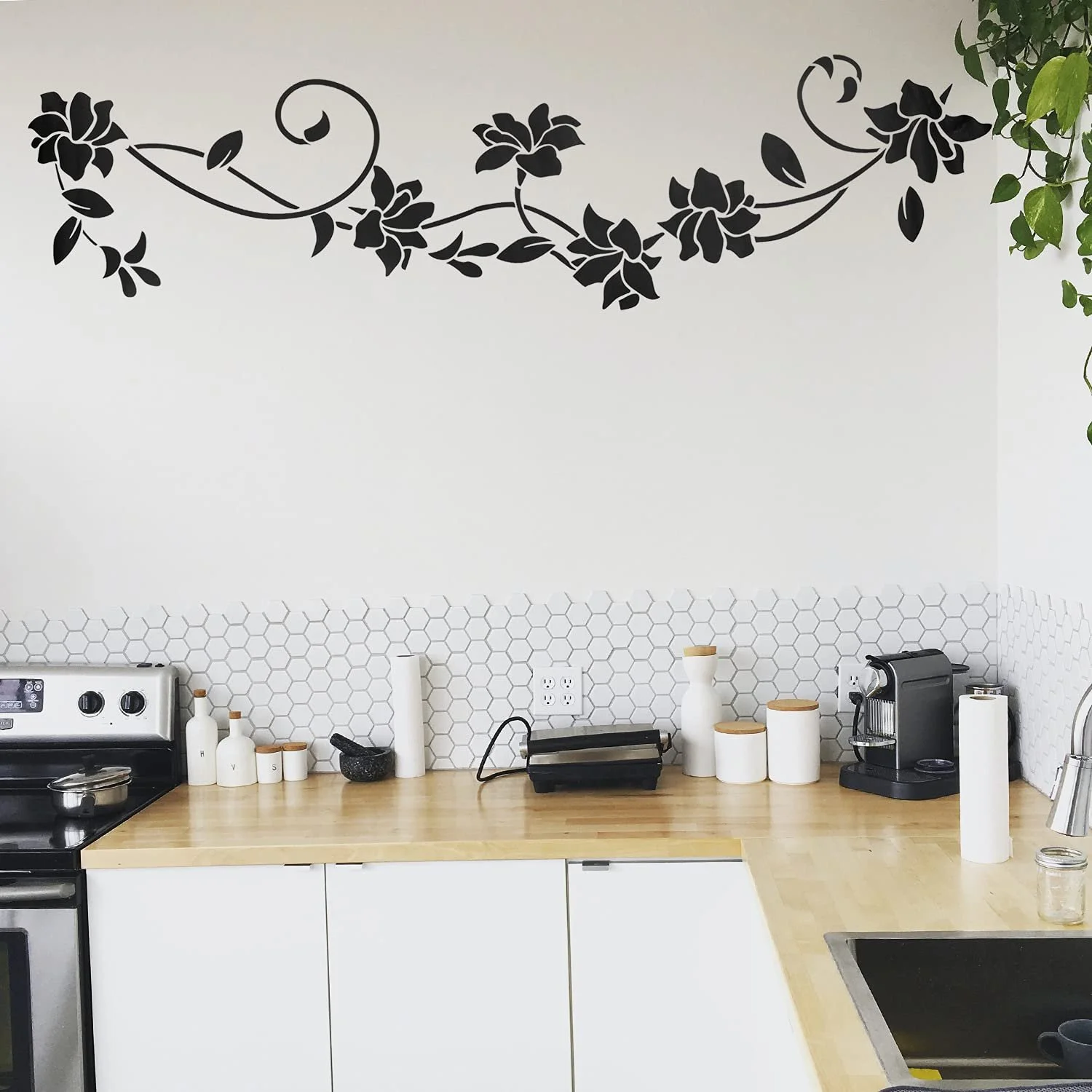 Наклейка на стіну Квітковий орнамент 2 штуки 30 x 105 см Чорна, фото №8