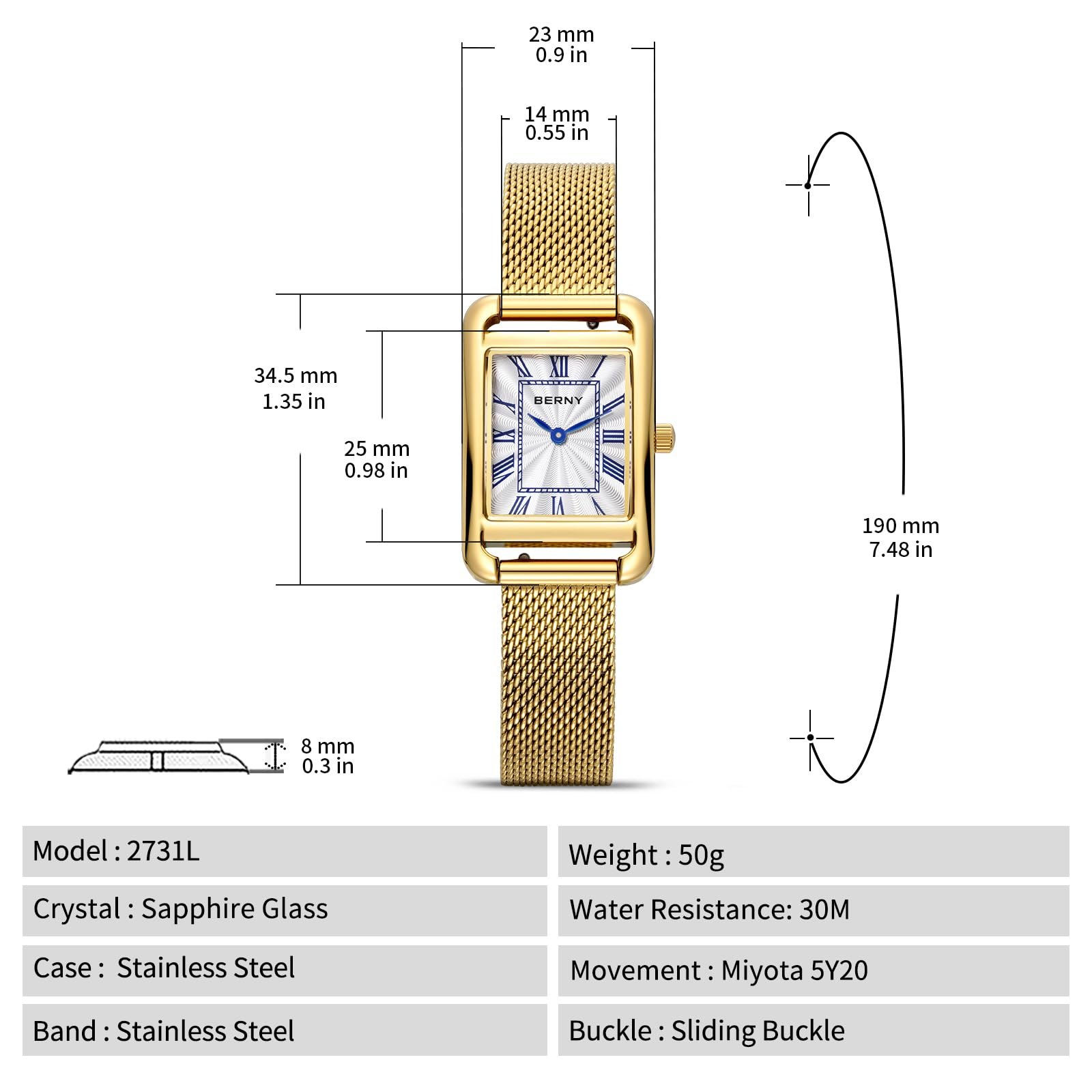 BERNY Прямоугольные Женские Классические Наручные Водонепроницаемые Кварцевые Часы с Римскими Цифрами и Сетчатым Ремешком, фото №6 BERNY Прямоугольные Женские Классические Наручные Водонепроницаемые Кварцевые Часы с Римскими Цифрами и Сетчатым Ремешком, фото №6