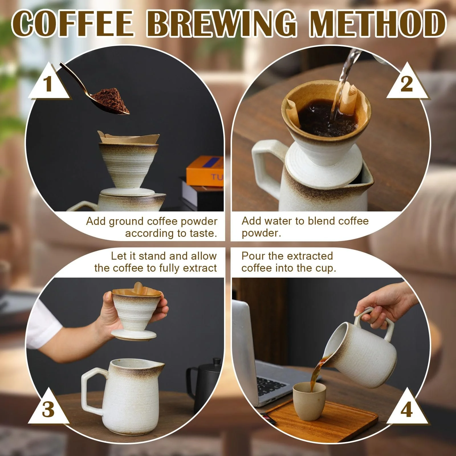 Кофеварка Pour Over Фарфоровый фильтр для кофе с чашкой, 620 мл / 260 мл Ретро кофейник с фильтром, ручная капельная кофеварка, микроволновая печь безопасна (Темный, 620 мл), фото №3