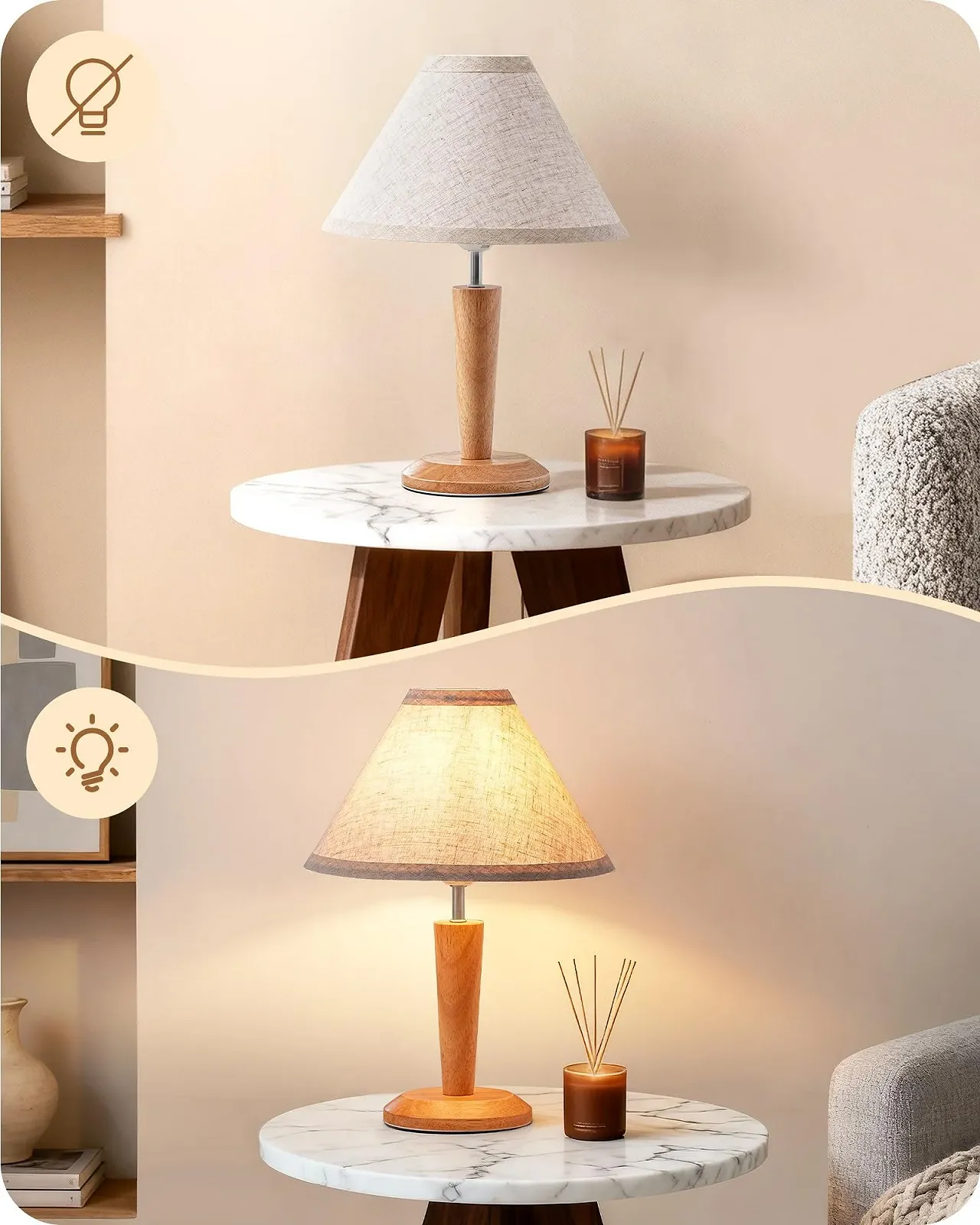 Настільна лампа EDISHINE Wooden 2700 K вінтажна, дерев'яна з лляним абажуром, цоколь E27, 34 см, з лампою 4 Вт., фото №6
