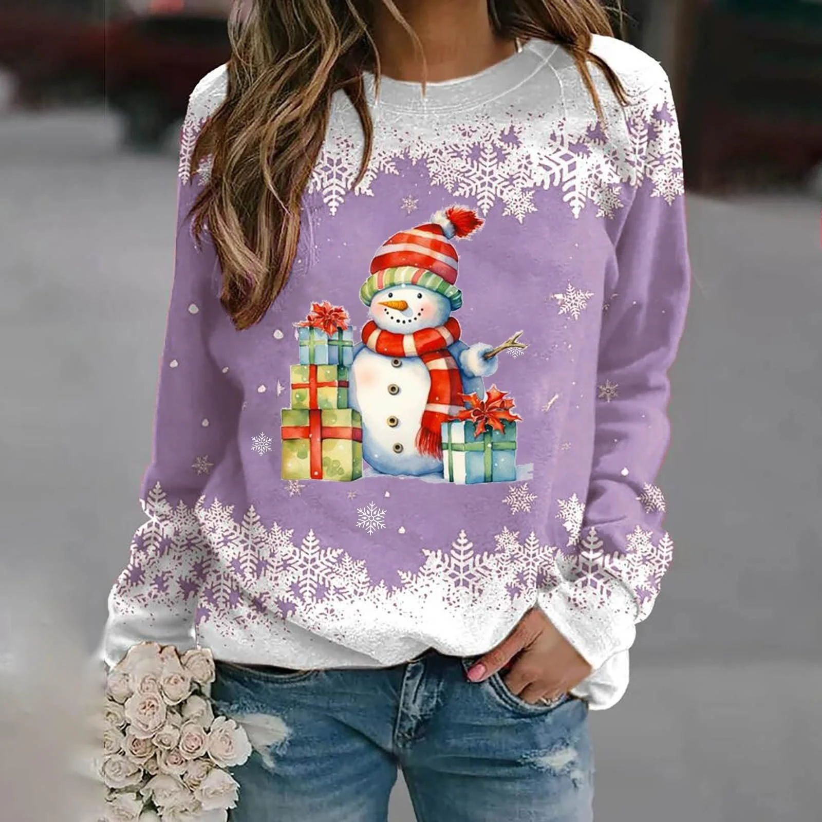 Женский Пуловер L": модный верх, осень/зима, однотонный, круглый вырез горловины, свободный крой, длинный рукав, рождественский принт, худи, топ, открывающий живот, фото №2 Женский Пуловер L": модный верх, осень/зима, однотонный, круглый вырез горловины, свободный крой, длинный рукав, рождественский принт, худи, топ, открывающий живот, фото №2