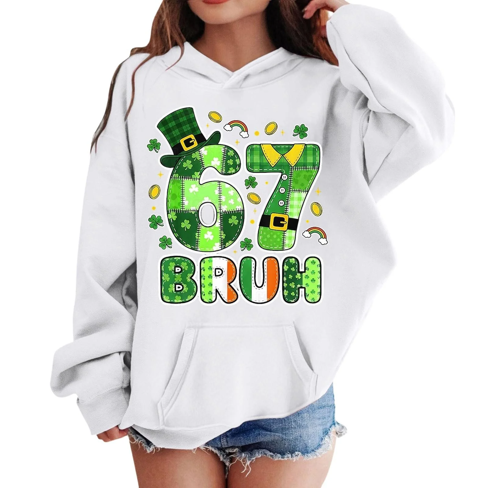 Худи 67 Meme, подростковое, с длинным рукавом, с принтом 67 ко Дню Святого Патрика, удобный мягкий свитшот, уличная одежда для мальчиков и девочек, повседневная куртка, фото №2