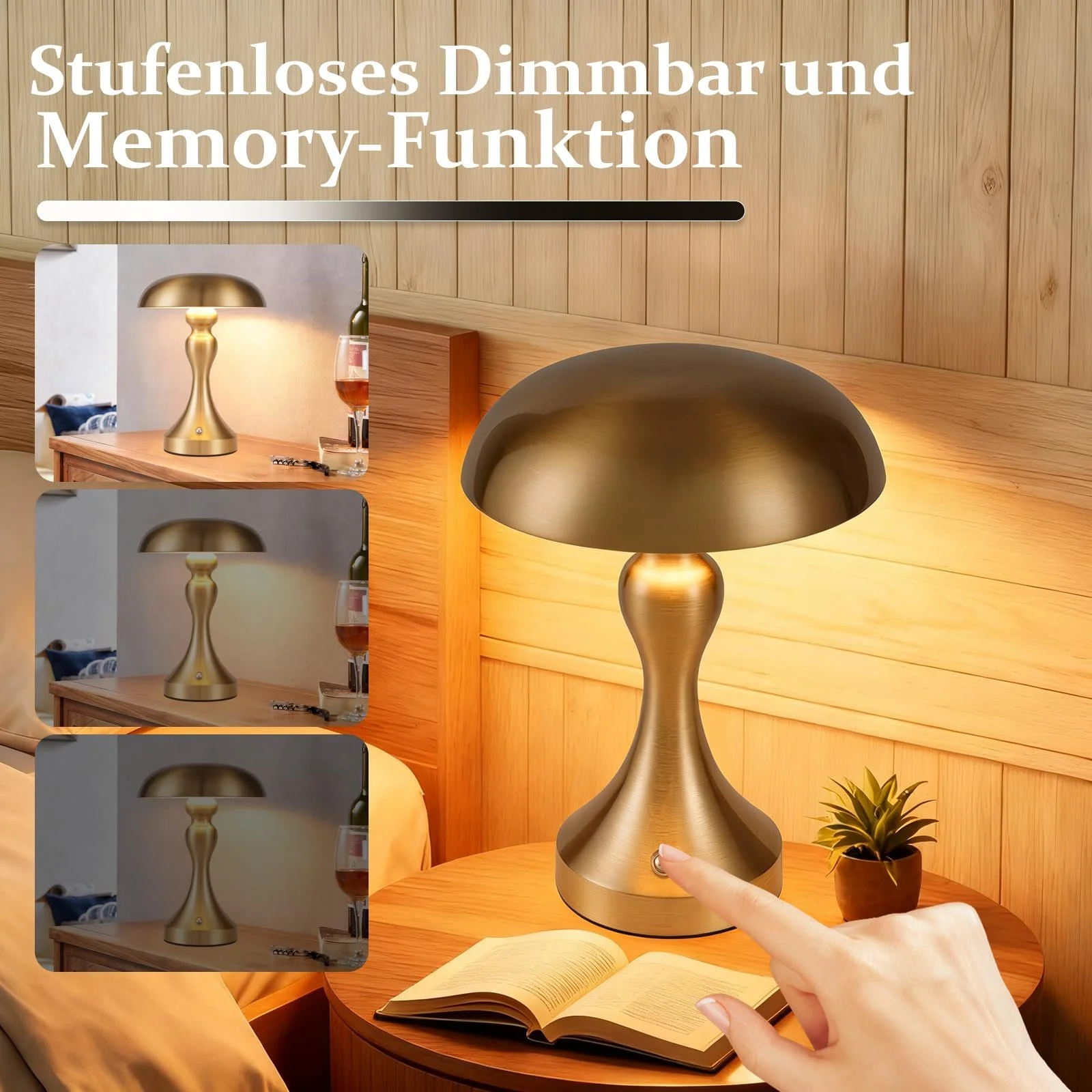 Настільна лампа LED акумуляторна сенсорна димована Vintage USB Золота бронза, фото №2