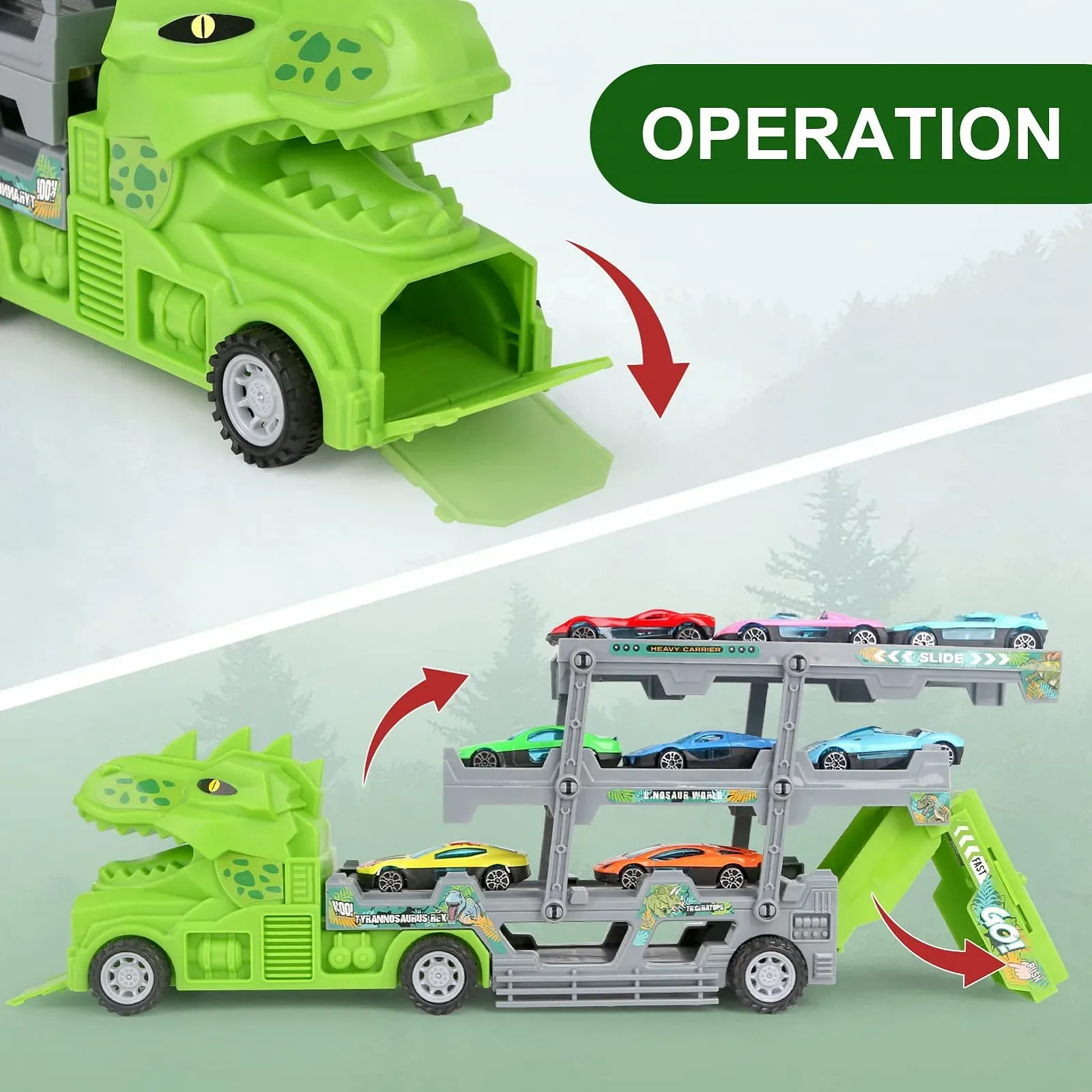 Игрушка автомобильный транспортер Aoskie для 3 4 5 лет, грузовик с динозавровыми рампами для мальчиков с 8 миниавтомобилями 1 дорожная карта аксессуары подарочный набор для детей, фото №3 Игрушка автомобильный транспортер Aoskie для 3 4 5 лет, грузовик с динозавровыми рампами для мальчиков с 8 миниавтомобилями 1 дорожная карта аксессуары подарочный набор для детей, фото №3