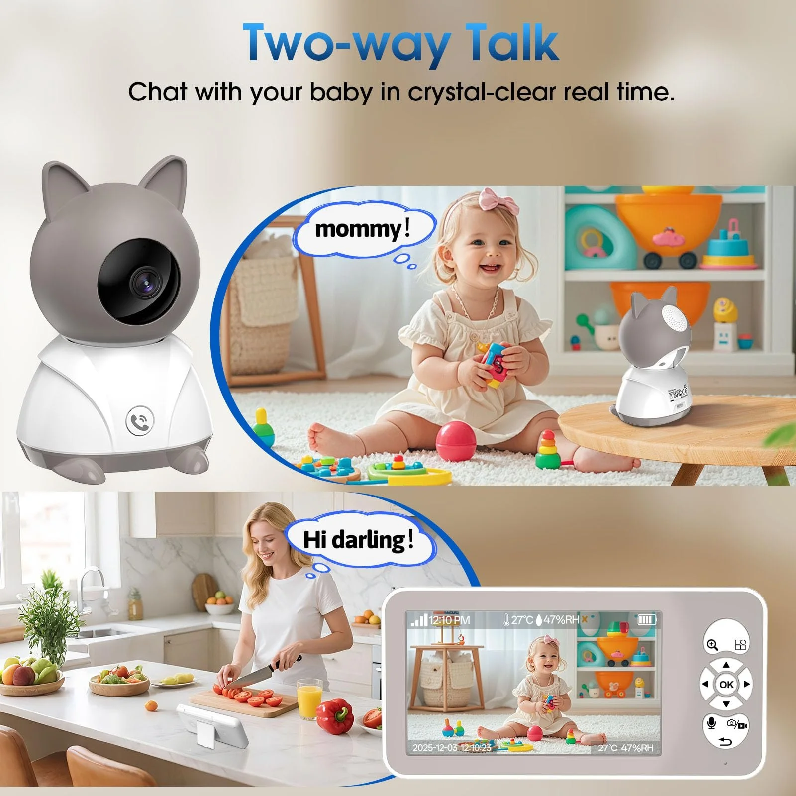 Відеоняня 2K 5" PTZ 355°/60° 4X Zoom IR Night Vision Motion Sensor Lullabies, фото №6