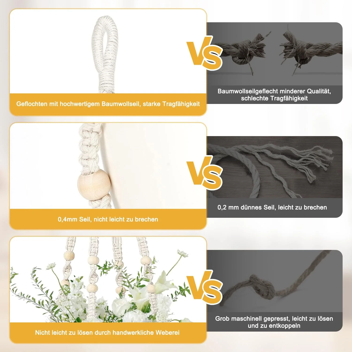 Подвесные корзины макраме Набор из 2 шт Хлопковая веревка 89 см Бохо, фото №5