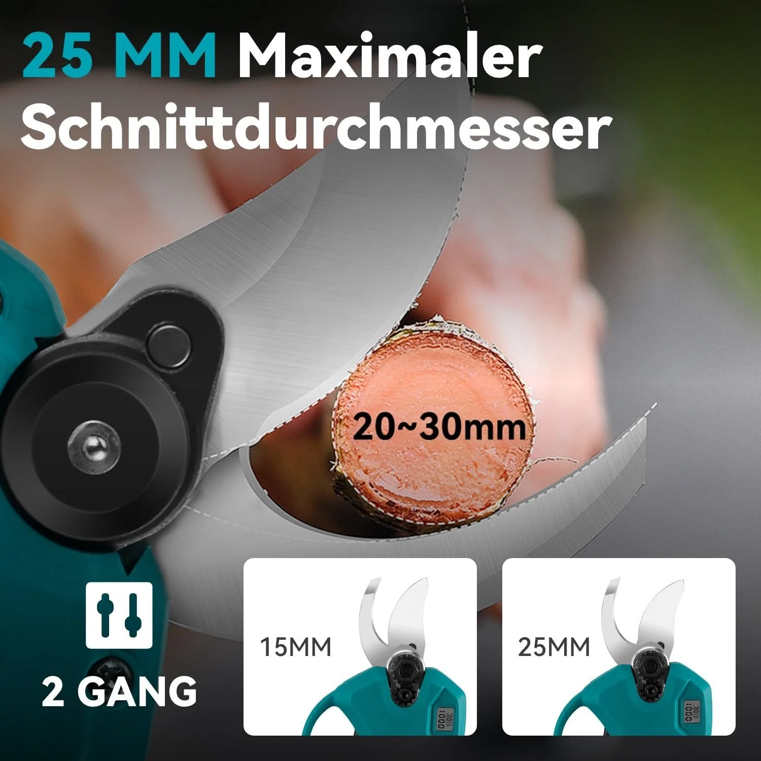 Секатор Yofidra акумуляторний електричний з LCD дисплеєм, 2 SK5 леза, зарядний пристрій, 2 акумулятори, 25 мм, фото №3