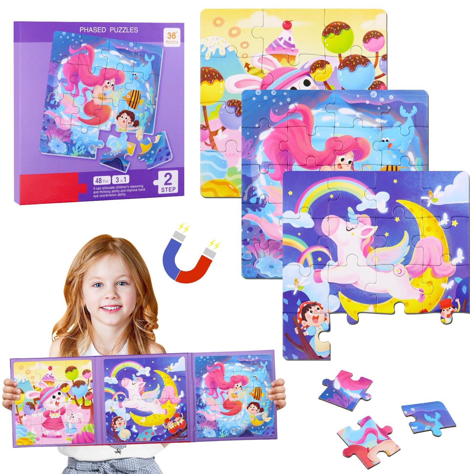 Магнітний пазл 3-в-1 Unicorn Mermaid 12-16-20 деталей від 3 років, фото №1