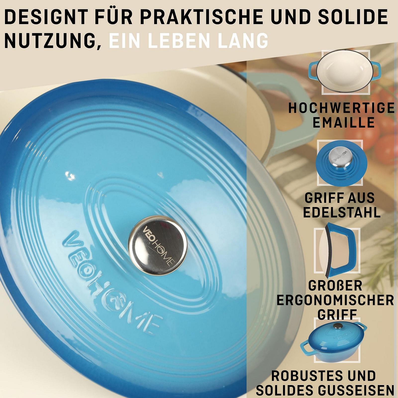 Кастрюля-жаровня VeoHome 6 л овальная чугунная эмалированная синяя, фото №5 Кастрюля-жаровня VeoHome 6 л овальная чугунная эмалированная синяя, фото №5