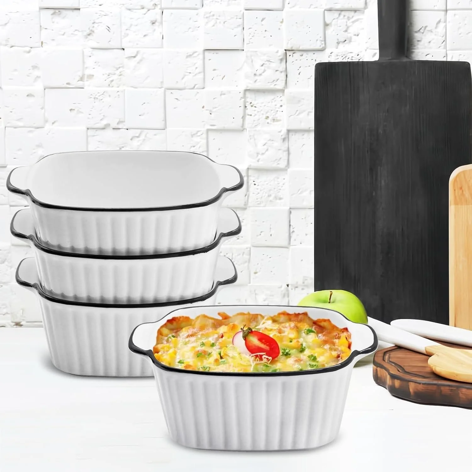 Набор форм для запекания керамических 4 шт. квадратные 14,7 см с ручками черно-белые, фото №7