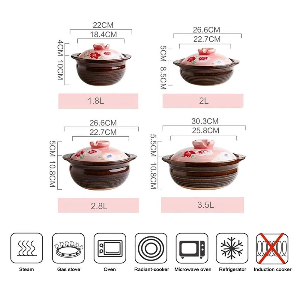 Керамическая кастрюля японская из жаропрочной глины с крышкой для риса и супов с принтом, фото №5