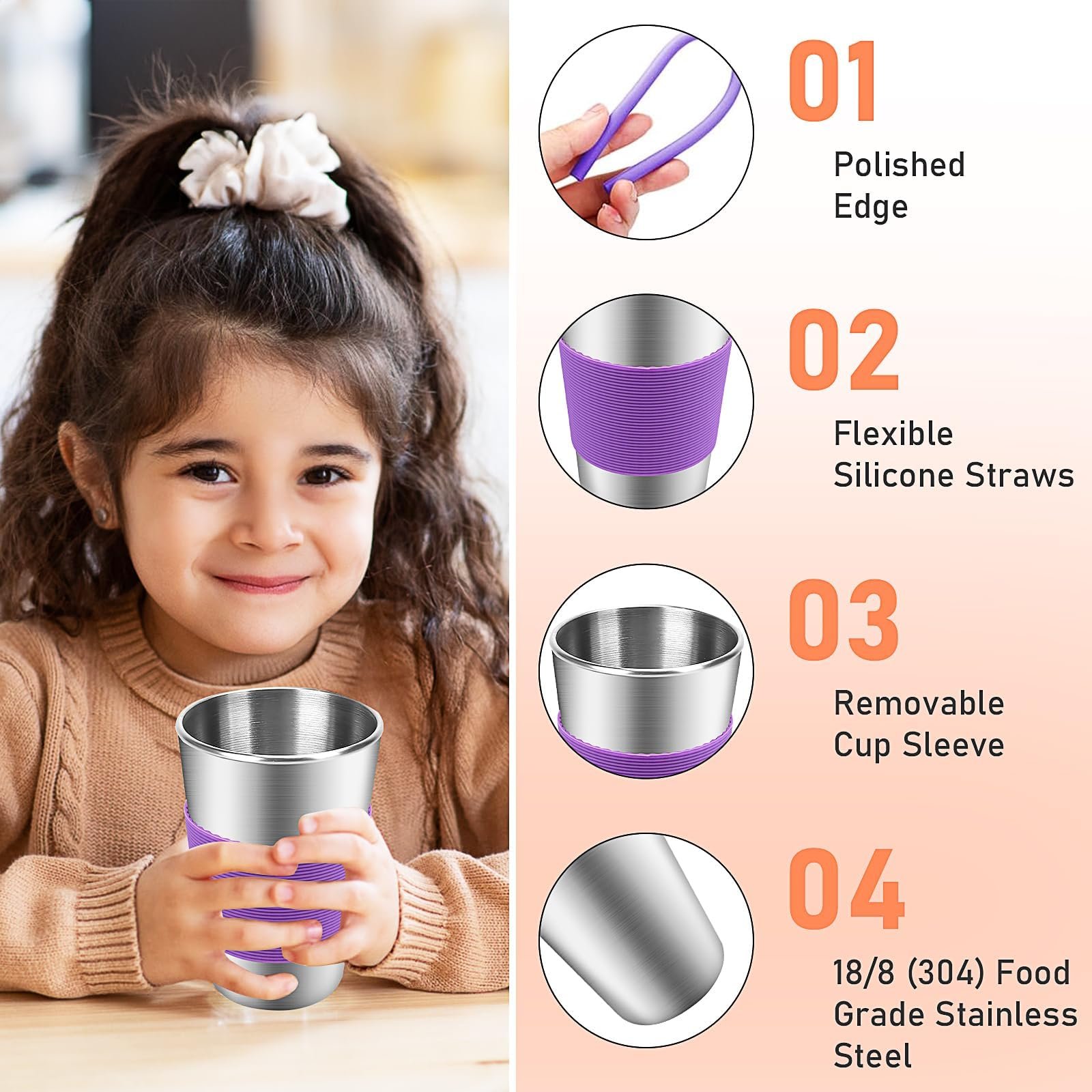 Набір чашок з нержавіючої сталі з кришкою та соломинками, 10 шт, 500 мл, дитячі, фото №3