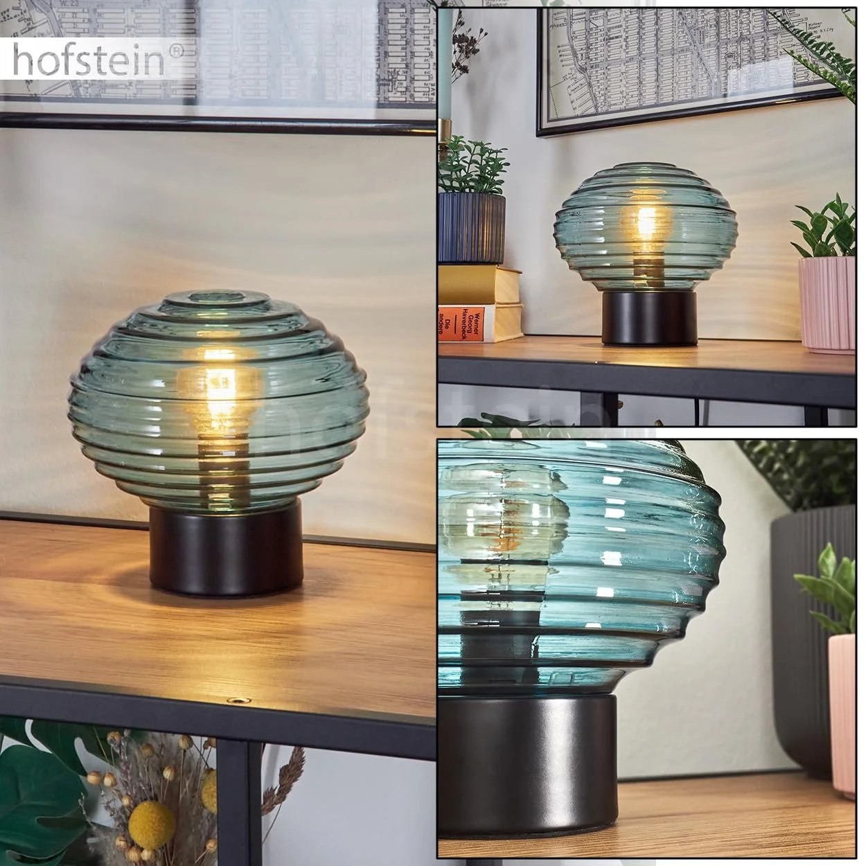 Настільна лампа Gualtar Метал / Скло Дизайн зі скляним плафоном (діаметр 15.5 см) та вимикачем на кабелі 1 x E14 Чорний / Синій, фото №2