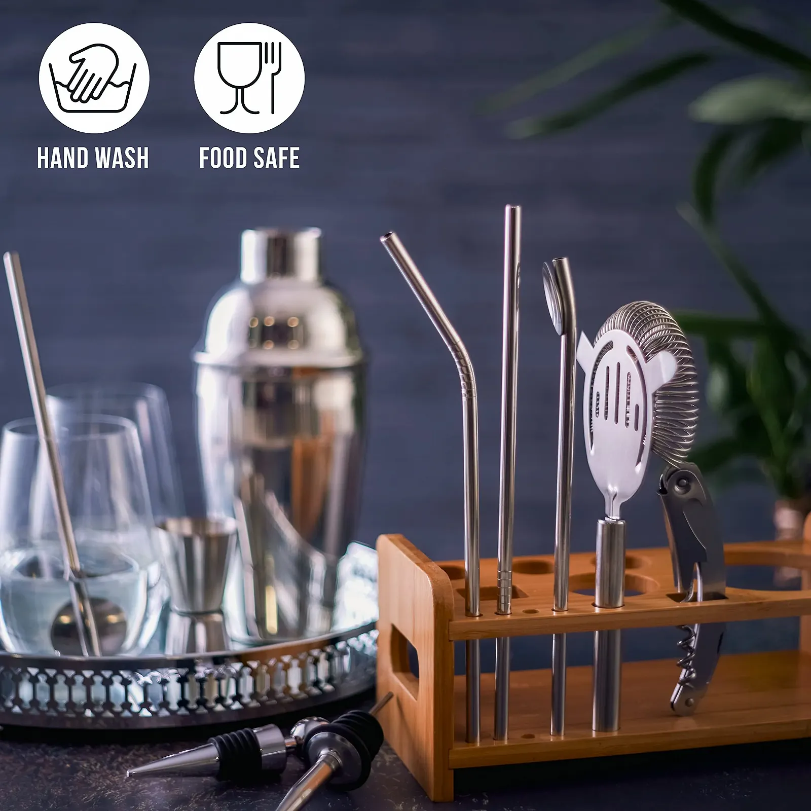 Набір для коктейлів Oak & Steel Professional з нержавіючої сталі, 13 предметів, з дерев'яною підставкою та книгою рецептів, фото №6 Набір для коктейлів Oak & Steel Professional з нержавіючої сталі, 13 предметів, з дерев'яною підставкою та книгою рецептів, фото №6