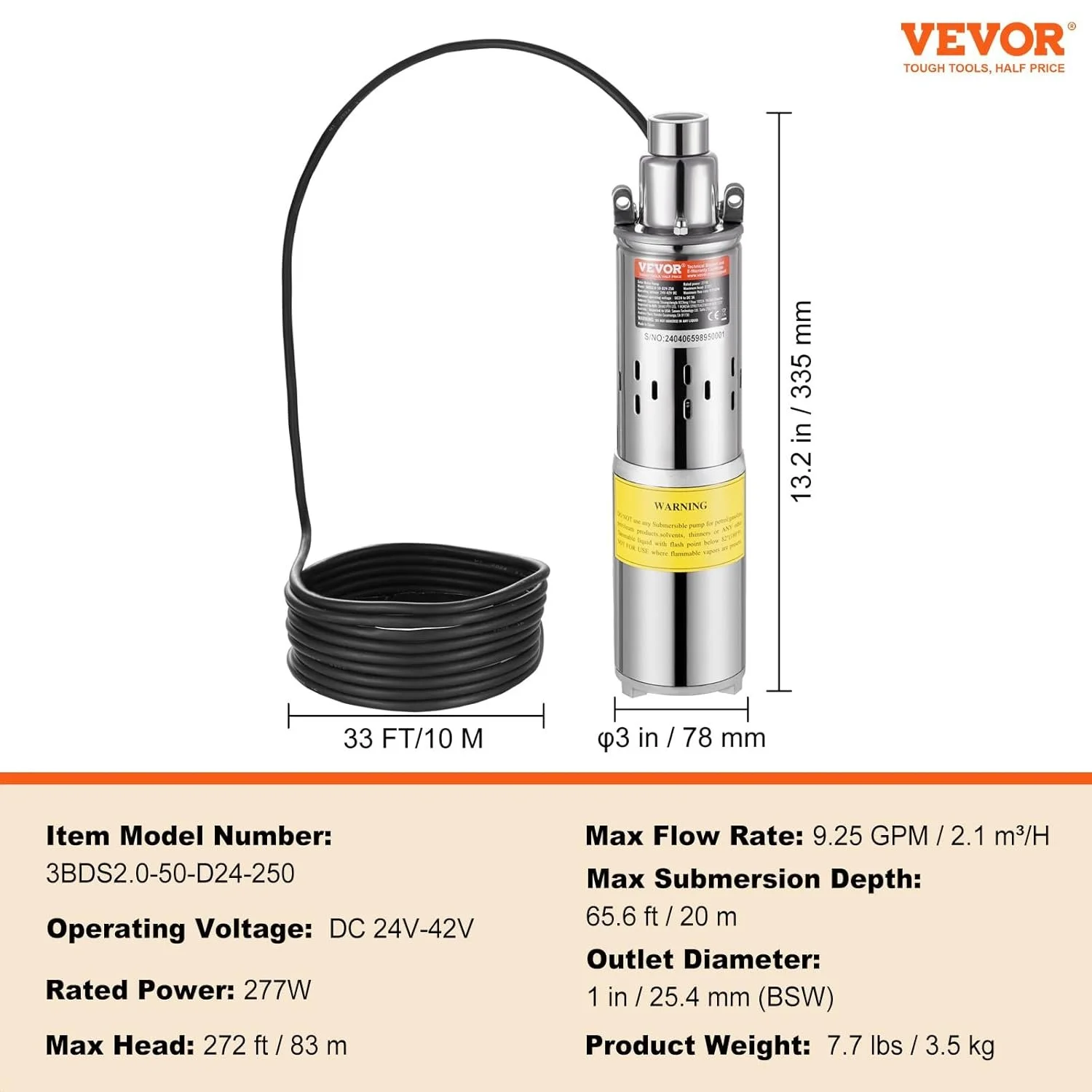 Глубинный водяной насос VEVOR 24В 227Вт Серебряный, фото №3