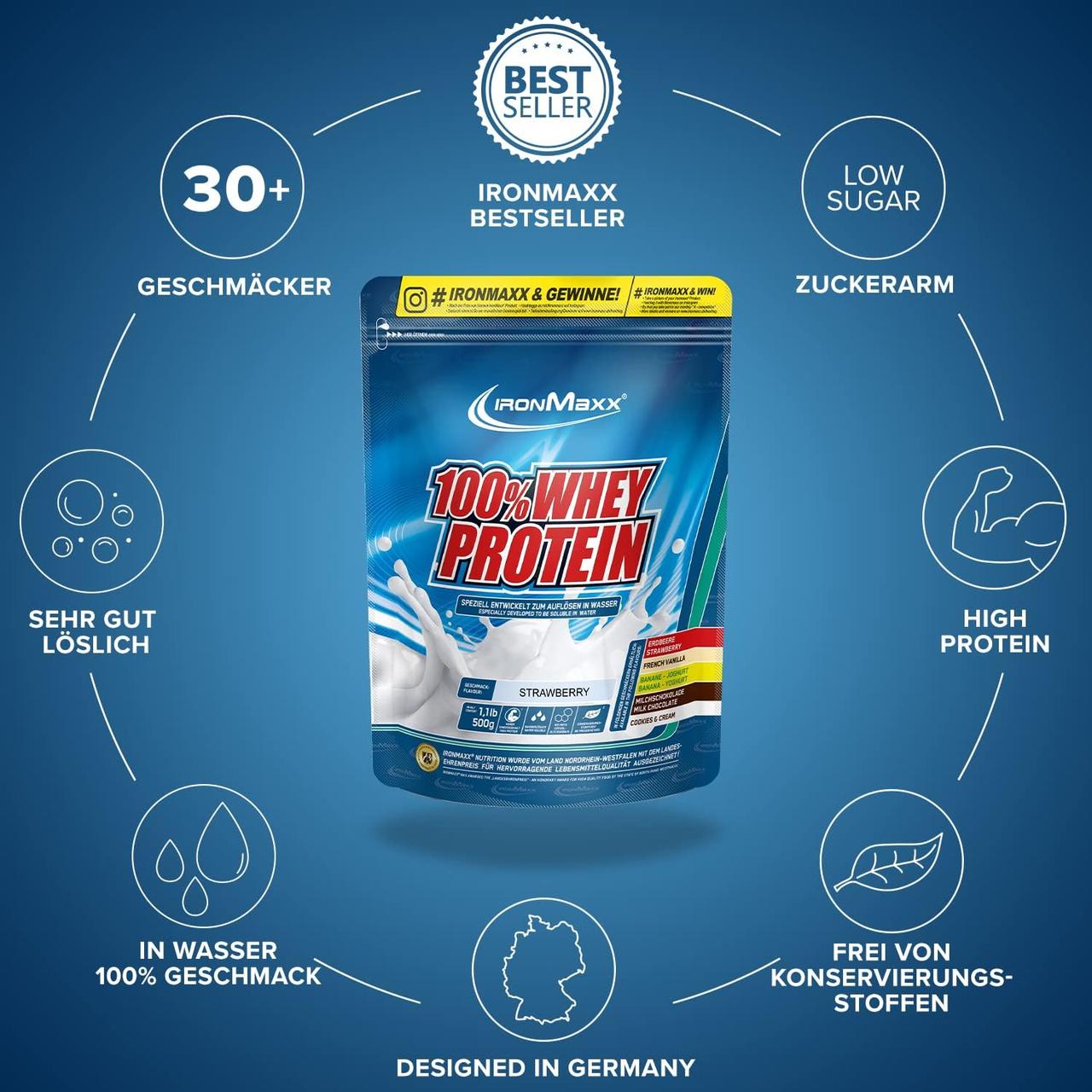 Протеин Ironmaxx 100 Whey Protein 500 g Strawberry, фото №3 Протеин Ironmaxx 100 Whey Protein 500 g Strawberry, фото №3