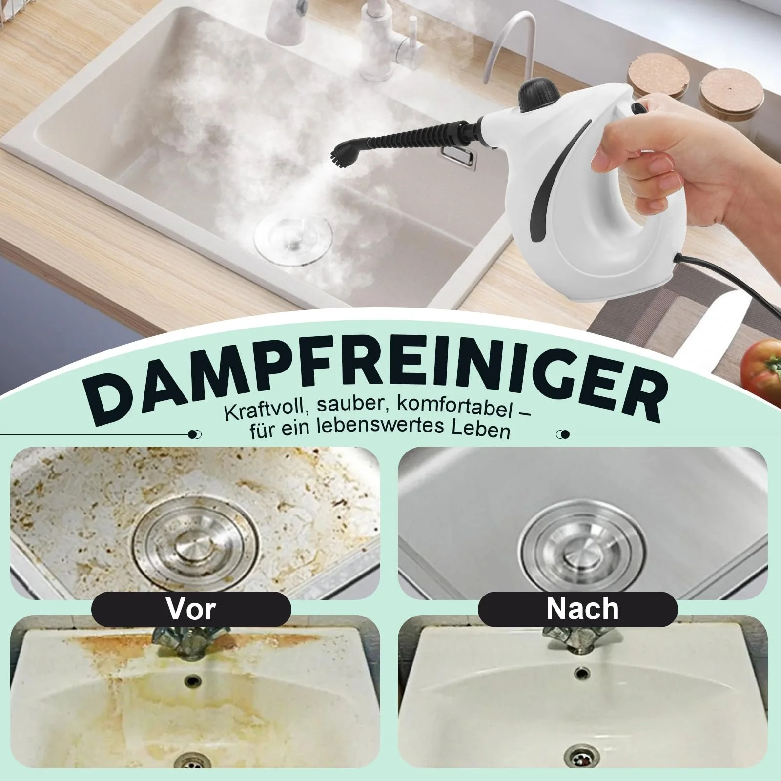 Пароочисник ручний 1200 W 8 аксесуарів 3.2 bar 700 ml портативний для вікон та кухні, фото №6 Пароочисник ручний 1200 W 8 аксесуарів 3.2 bar 700 ml портативний для вікон та кухні, фото №6