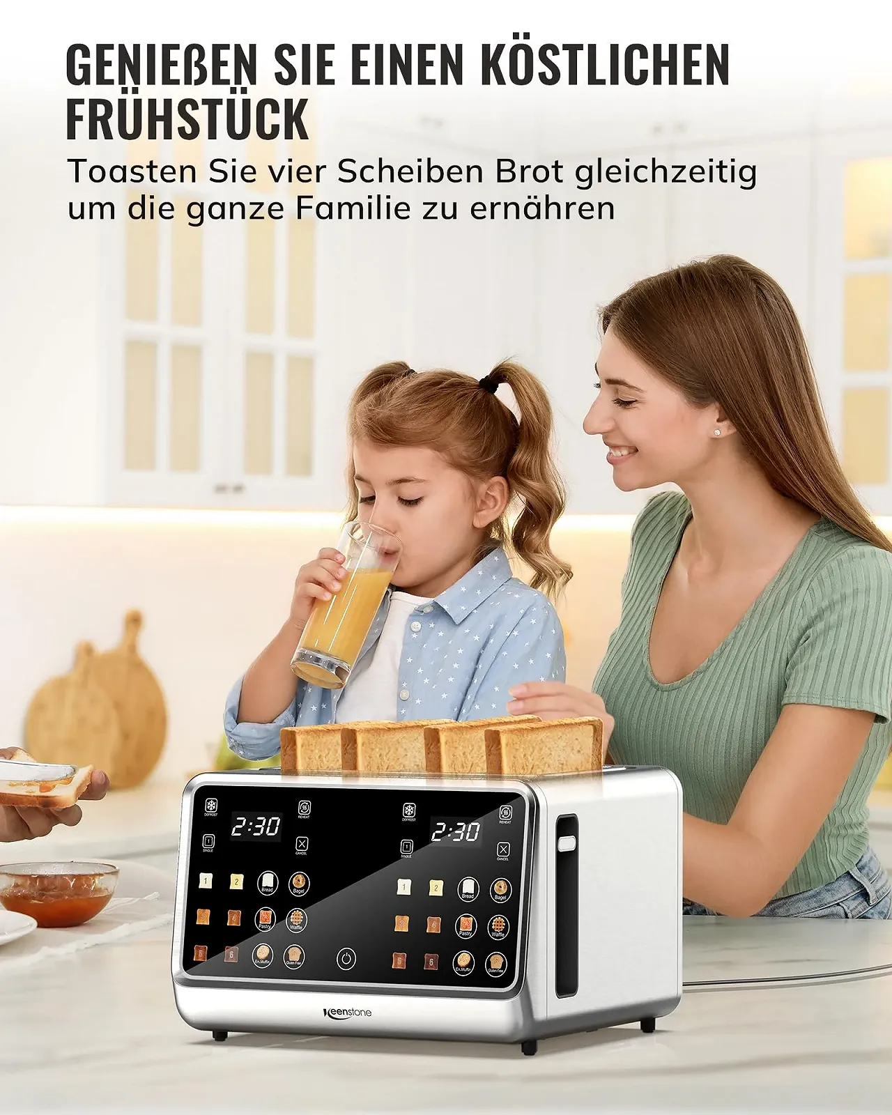 Тостер Keenstone 4 скибки Digital Intelligent з сенсорним екраном, подвійною панеллю керування, одинарна коробка, функція тостів, режим розігріву та розморожування, ідеально підходить для бубликів, хліба, вафель, фото №8 Тостер Keenstone 4 скибки Digital Intelligent з сенсорним екраном, подвійною панеллю керування, одинарна коробка, функція тостів, режим розігріву та розморожування, ідеально підходить для бубликів, хліба, вафель, фото №8