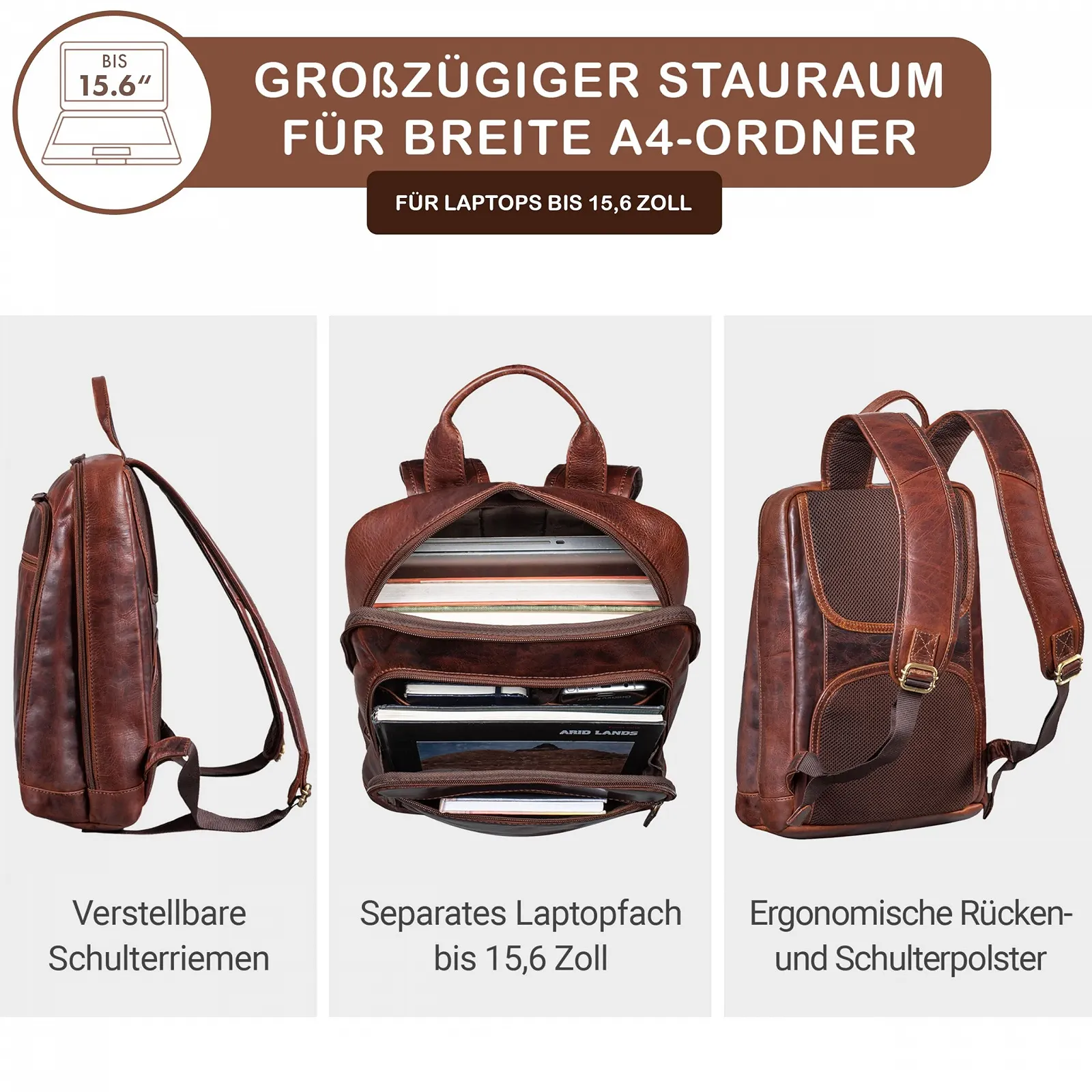 Рюкзак для ноутбука STILORD Watson 15.6 дюйма кожаный бизнес XL DIN A4 винтаж Florida - Brown, фото №2