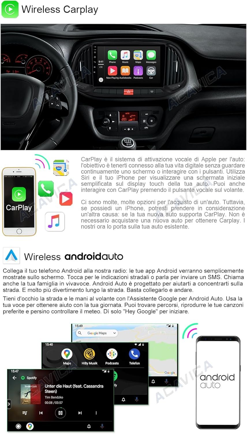 Автомагнітола Acavica для Fiat Doblo (2015-2019) / 9" / 2/32 Гб / Android 13 / Apple CarPlay / Android Auto / Bluetooth / Wi-Fi / GPS / USB / black, фото №3