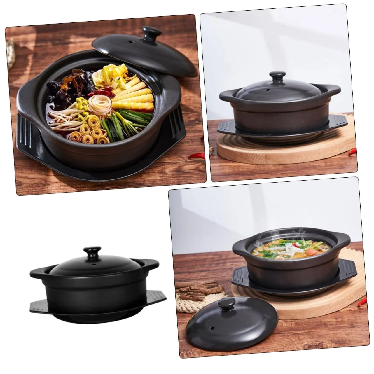 Кастрюля для тушения керамическая с крышкой и подставкой термостойкая ударопрочная многофункциональная, фото №5