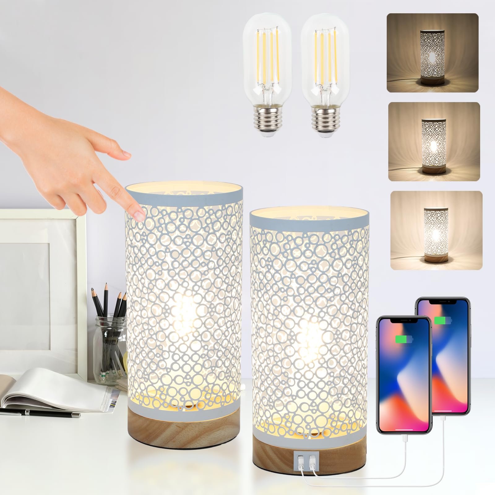 Настільні лампи (набір з 2 шт.) Touch Dimmable Charging Function 2 USB 2 LED Bulbs Vintage (White), фото №7