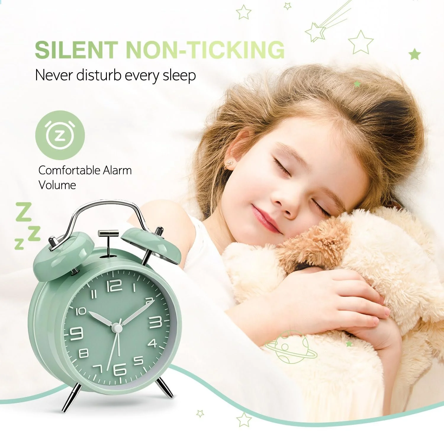 Будильник аналоговый YsyYey Double Bell, очень громкий для тех, кто крепко спит, без тиканья, питание от батареек, с ночником, металлический винтажный, цвет шалфея, фото №4 Будильник аналоговый YsyYey Double Bell, очень громкий для тех, кто крепко спит, без тиканья, питание от батареек, с ночником, металлический винтажный, цвет шалфея, фото №4