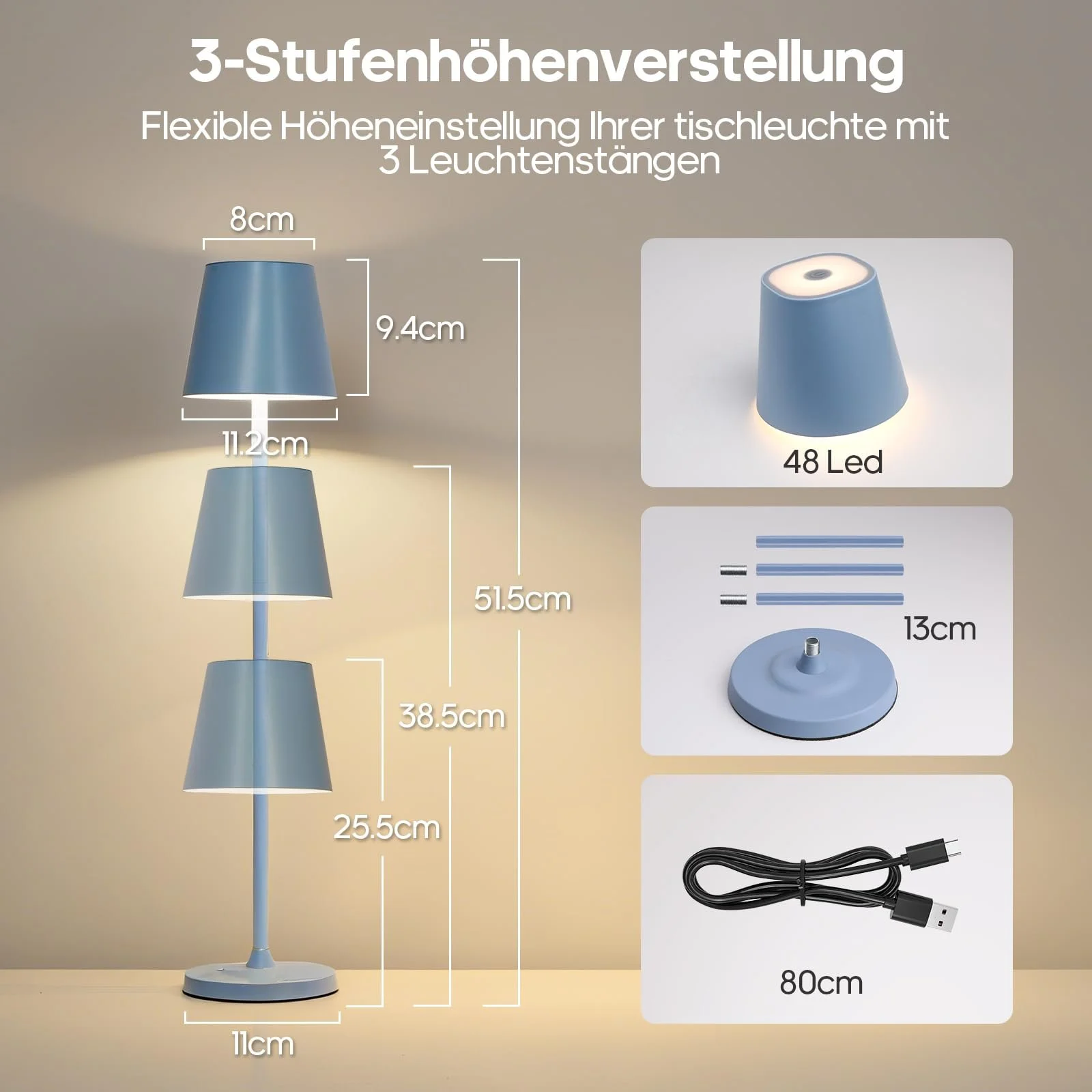 Настільна лампа 3-в-1 LED бездротова з акумулятором 5500 mAh, 3 висоти, регульована, димована, 3 кольори, металева водонепроникна сенсорна, синя [Набір із 1 шт.], фото №2