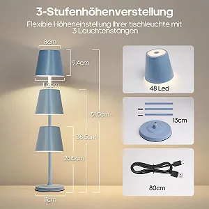 Настільна лампа 3-в-1 LED бездротова з акумулятором 5500 mAh, 3 висоти, регульована, димована, 3 кольори, металева водонепроникна сенсорна, синя [Набір із 1 шт.] synthetic.ua - Фото 1