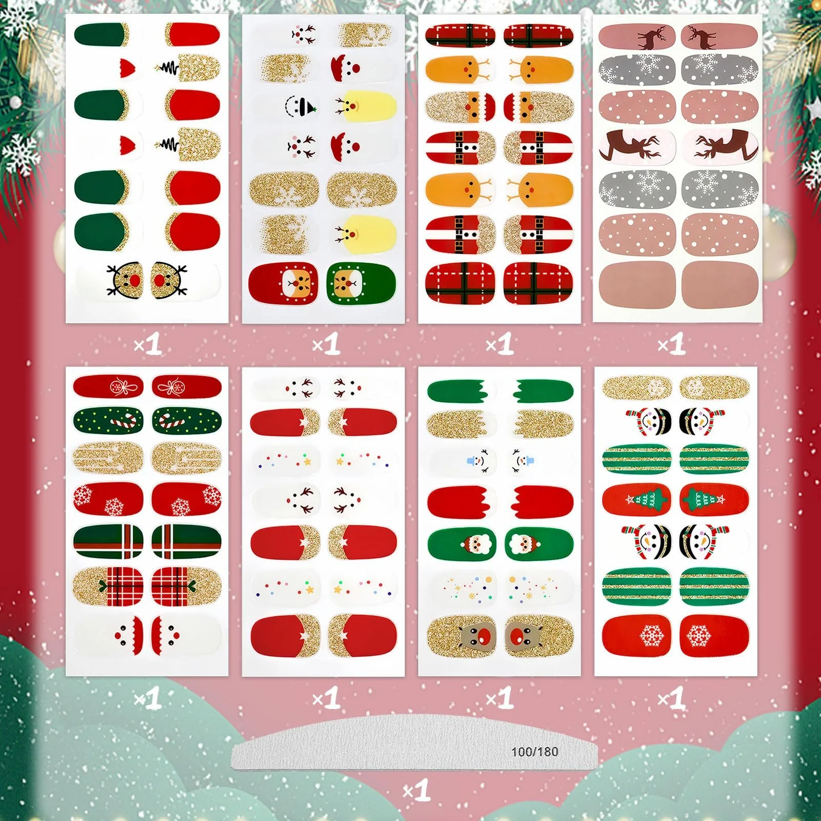 Наклейки для нігтів Christmas 8 аркушів з пилкою самоклеючі DIY, фото №7