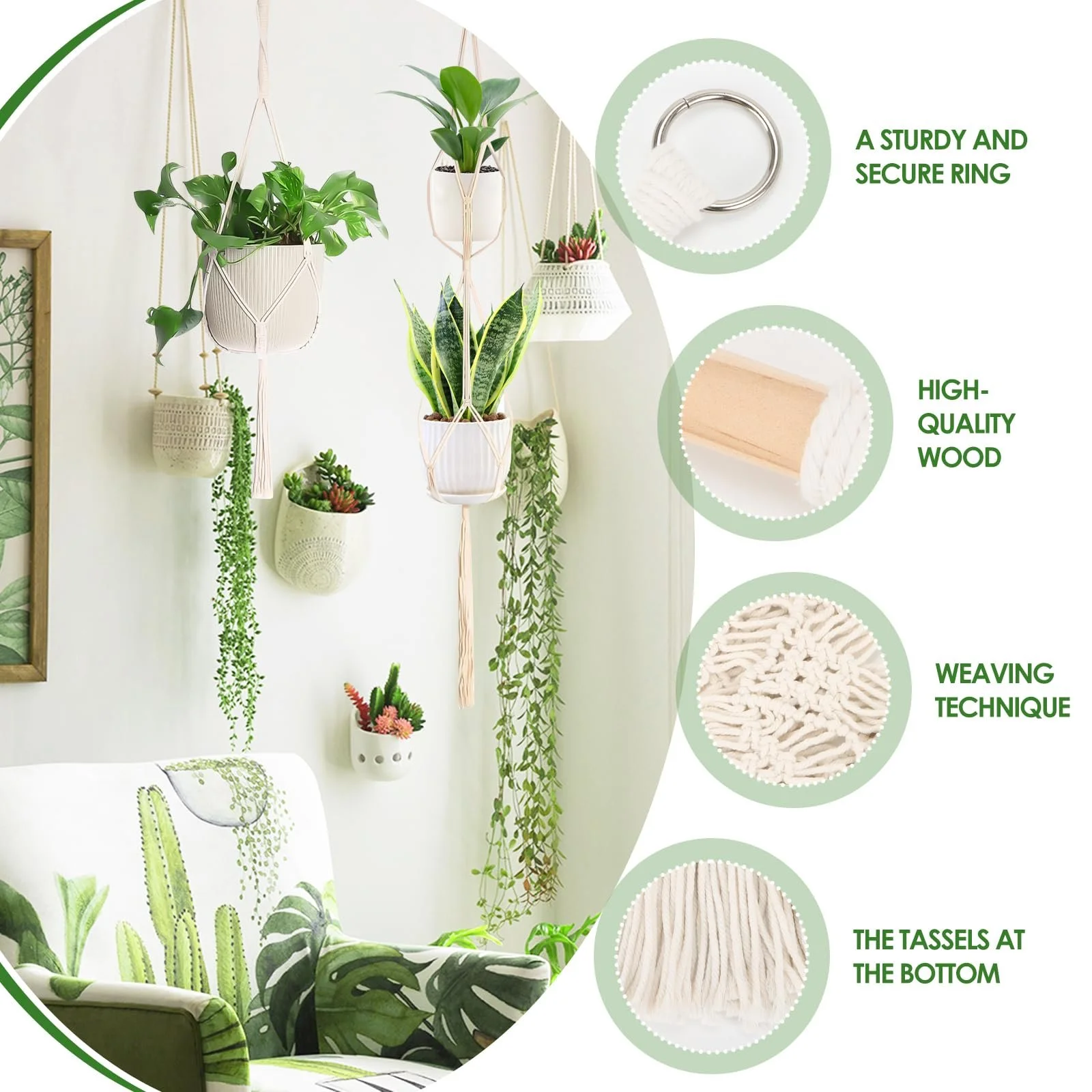 Подвесные кашпо AKONE макраме набор из 4 шт. декор бохо 85-140 см, фото №4