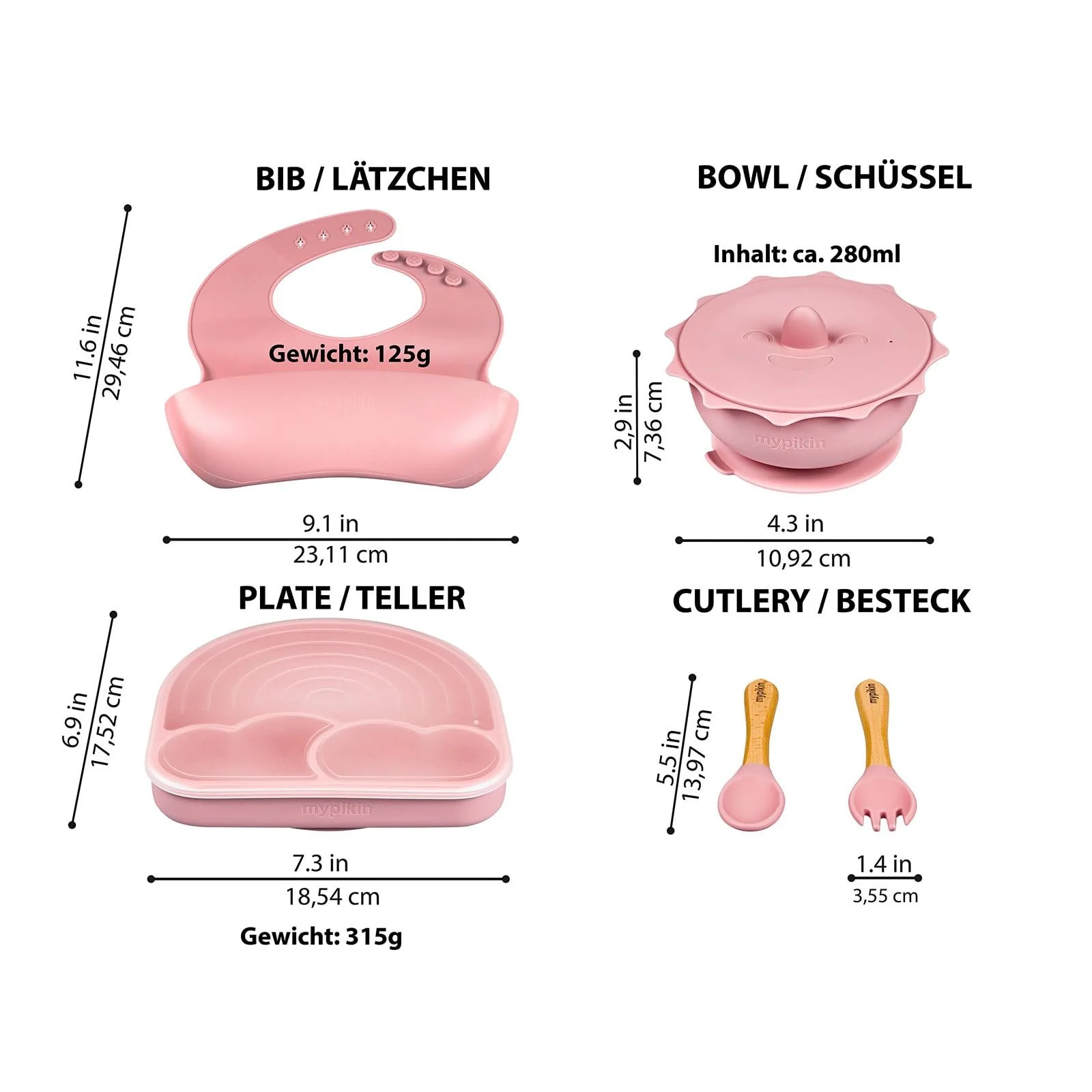 Набір дитячого посуду mypikin Рожевий, 5 предметів: тарілка, миска, слинявчик, виделка, ложка, кришки, фото №6