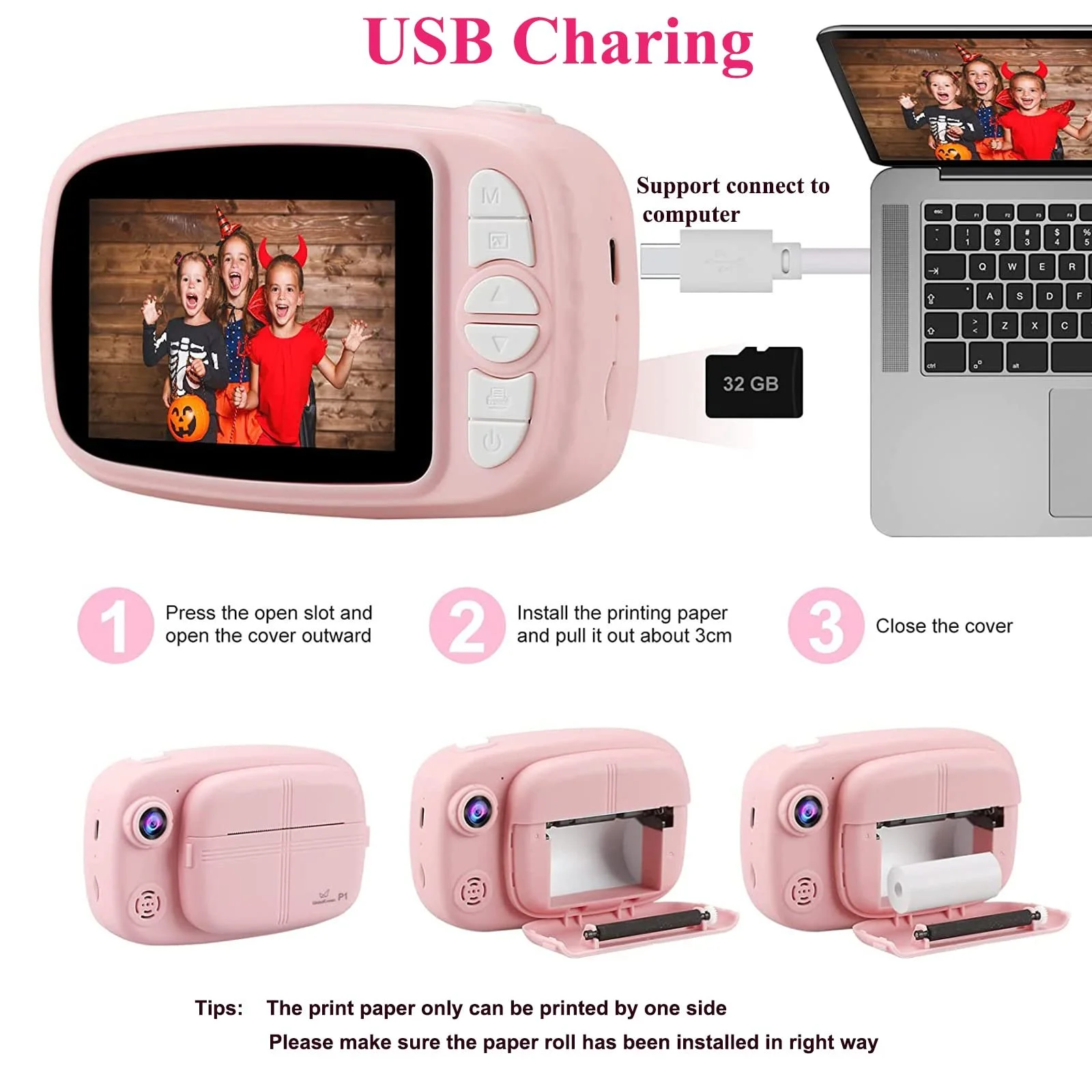 Камера мгновенной печати 12MP 1080P 3.5" 32GB 4 рулона бумаги Blue/Pink, фото №5