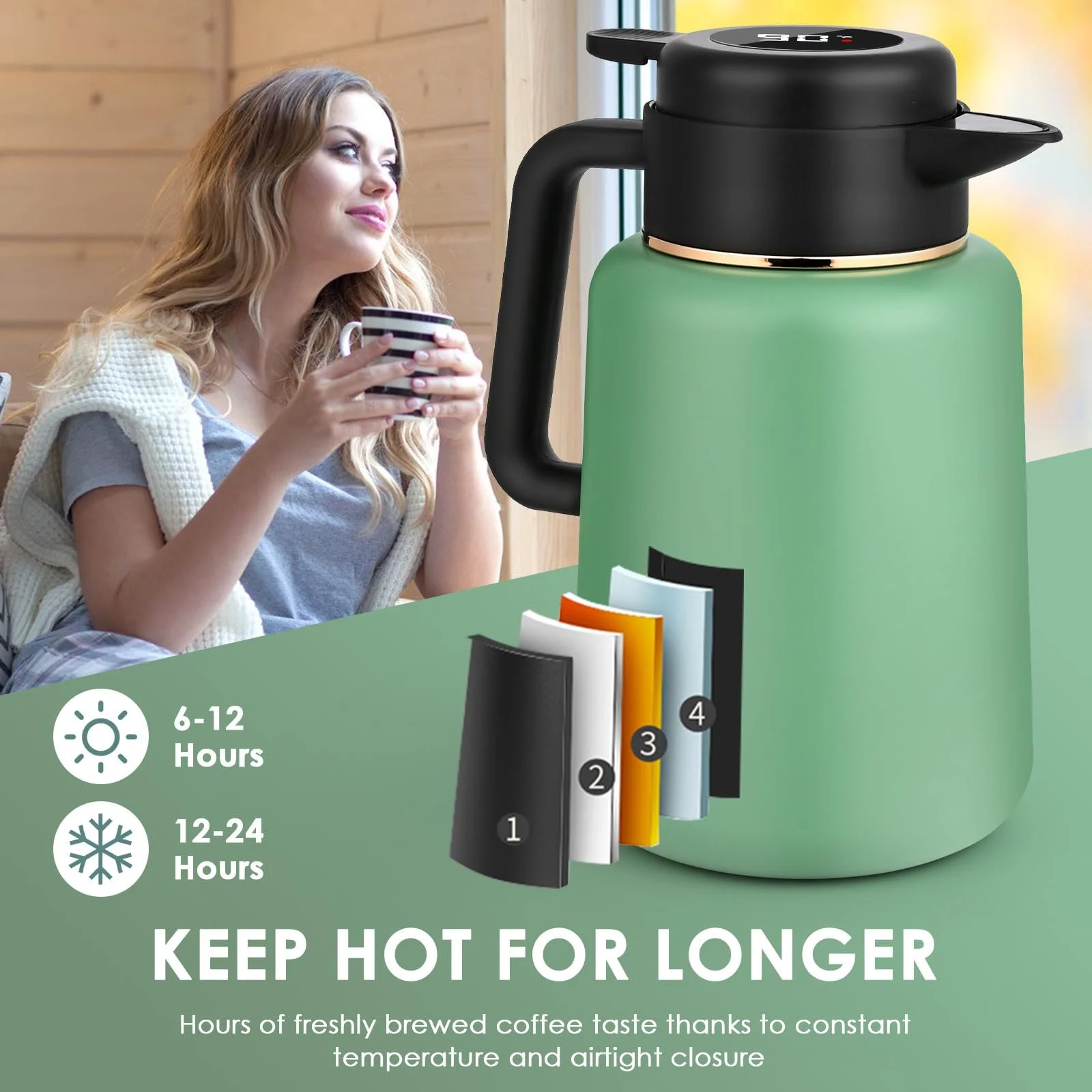 Термос-кавник Dreamhigh 1.8 Л з чайним фільтром, Ізольований глечик з дисплеєм температури, фото №2