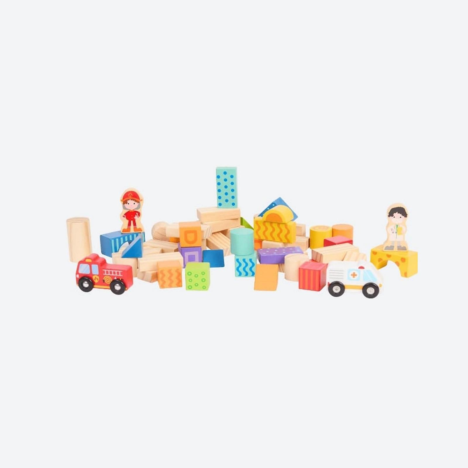 Кубики Colourful 51-Piece Набір дерев'яних кубиків для будівництва для дітей з пожежною бригадою та швидкою допомогою, фото №2