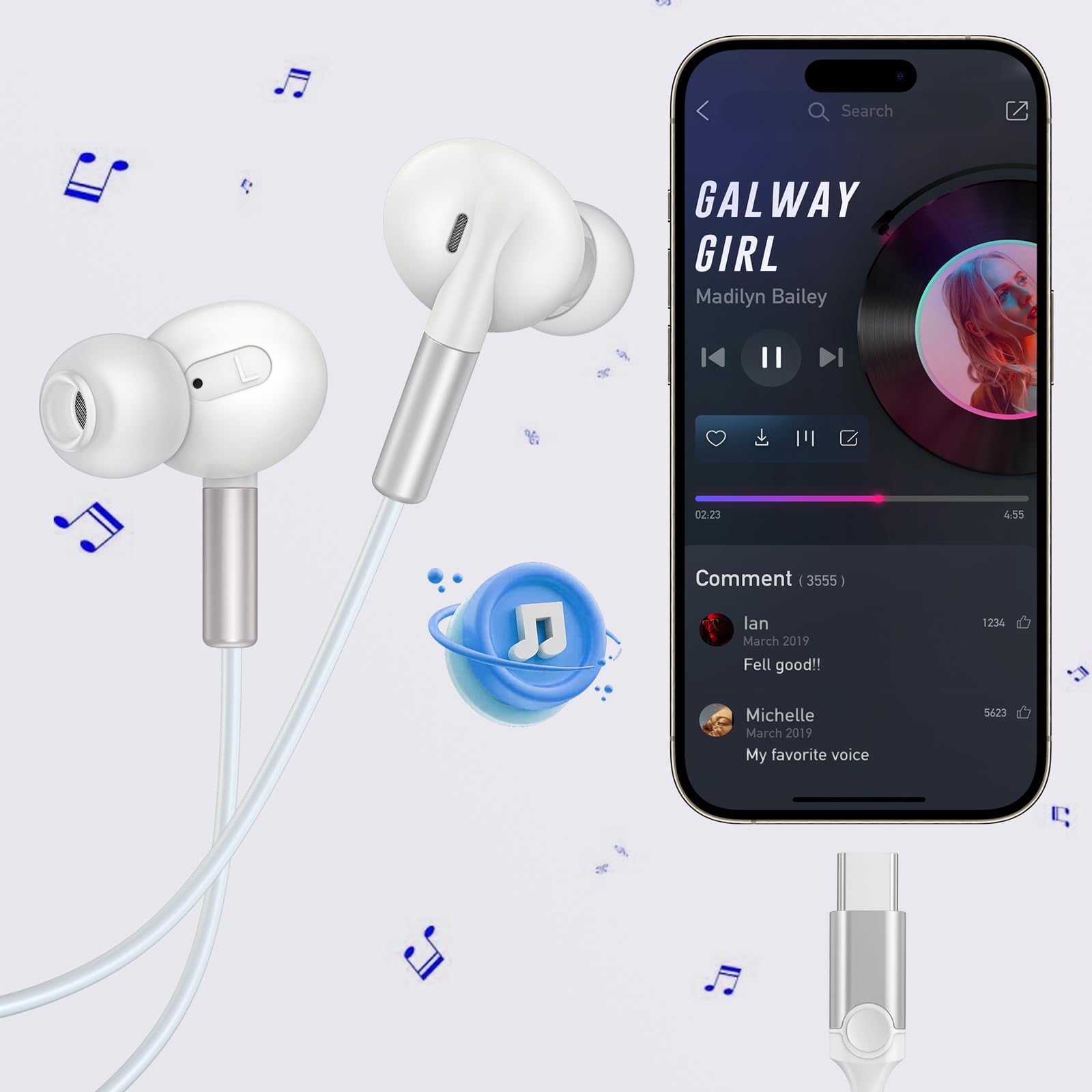 Наушники Coolden USB C для iPhone 16 Pro Внутриканальные с Кабелем HiFi Стерео с Микрофоном и Регулировкой Громкости USB Type C для iPhone 16 16 Plus 16 Pro Max Samsung Белые, фото №7