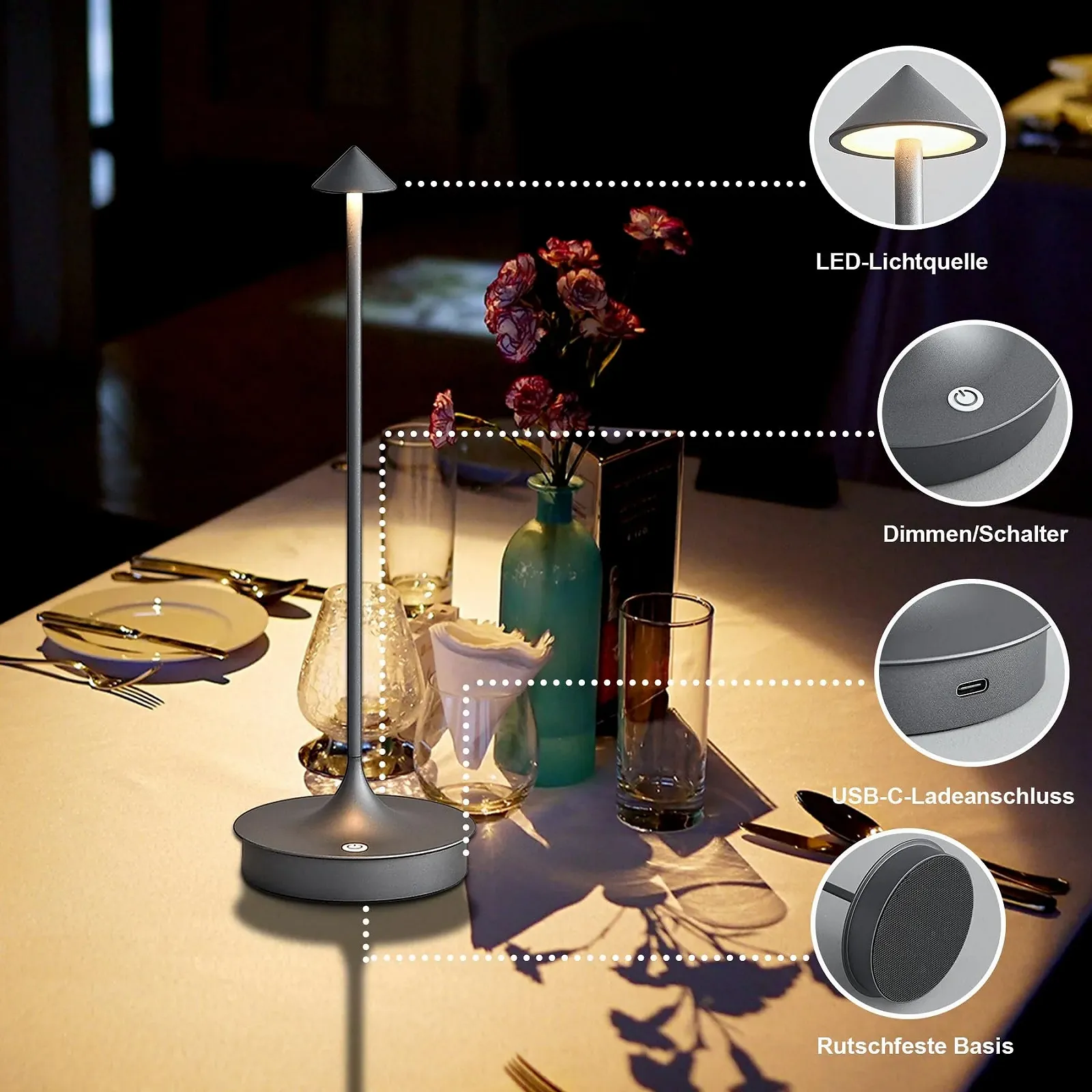 Настольная лампа Leomix LED беспроводная аккумуляторная 4000 мАч сенсорная диммируемая IP54, фото №3