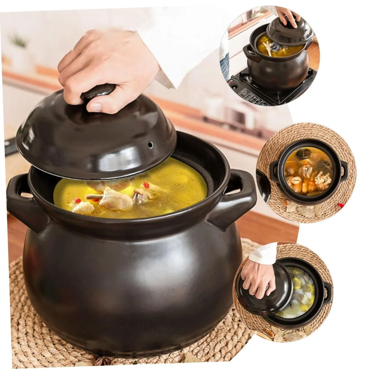 Каструля BESPORTBLE Маленька керамічна з кришкою термостійка для газової плити Чорна, фото №9