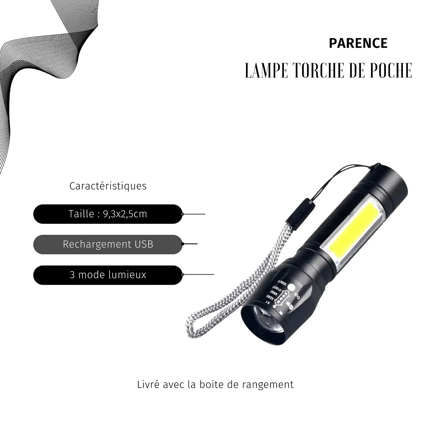 Ліхтар PARENCE. Акумуляторний USB 3 режими: Звичайний Стробоскоп Бічний/Алюмінієвий сплав, фото №2